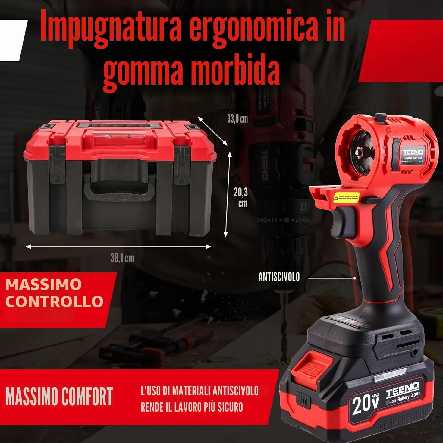 Kit Combinato Wireless 20V TEENO, Strumento Multifunzionale 8 in 1 con Custodia, Trapano, Sega a Catena, Cef A Urto, Levigatrice