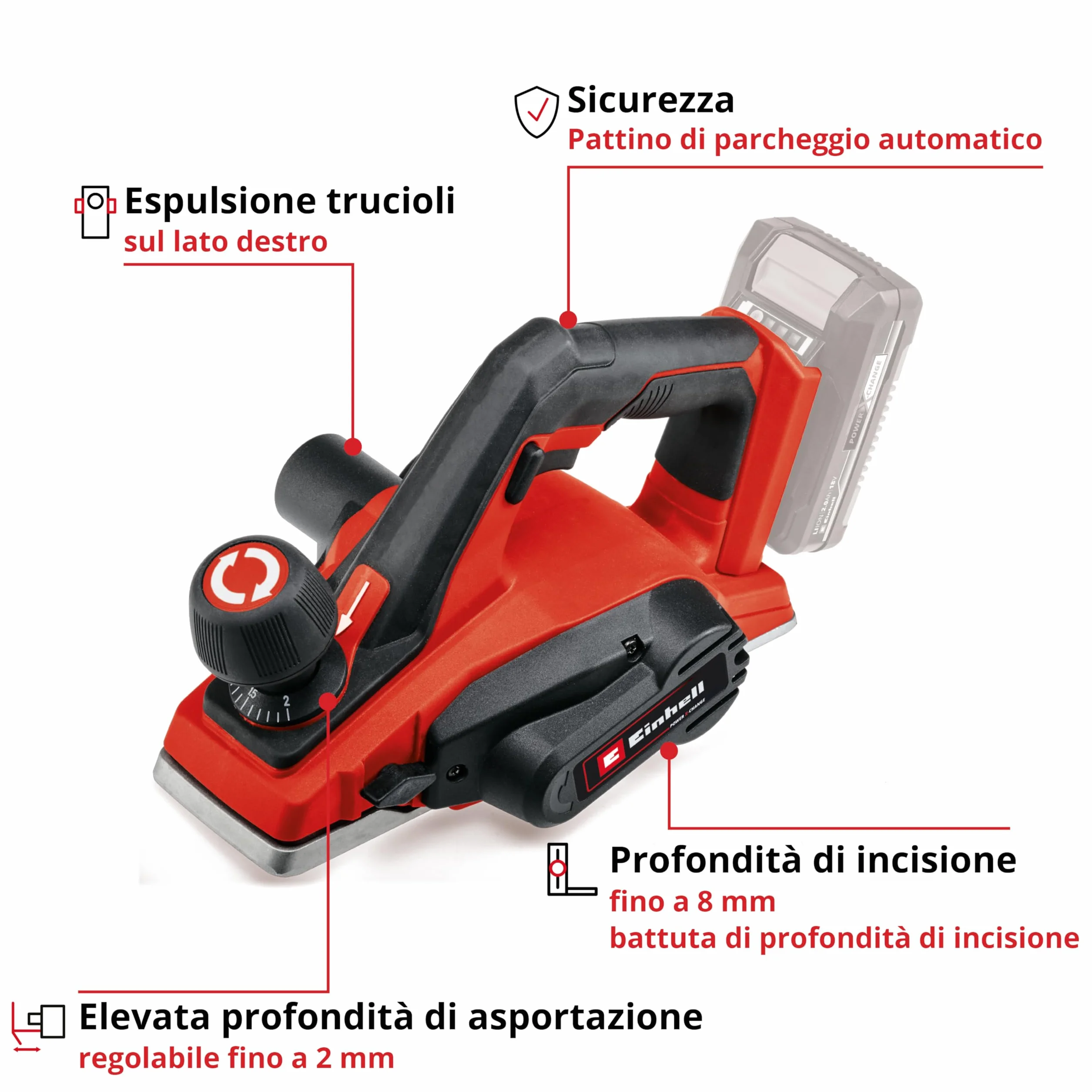 Einhell TE-PL 18/82 Li - Solo Pialletto a batteria Power X-Change (18 V, largh. Pialla 82 mm, profondità asportazione 2 mm, prof. Battuta 8 mm, senza batteria e caricabatteria)