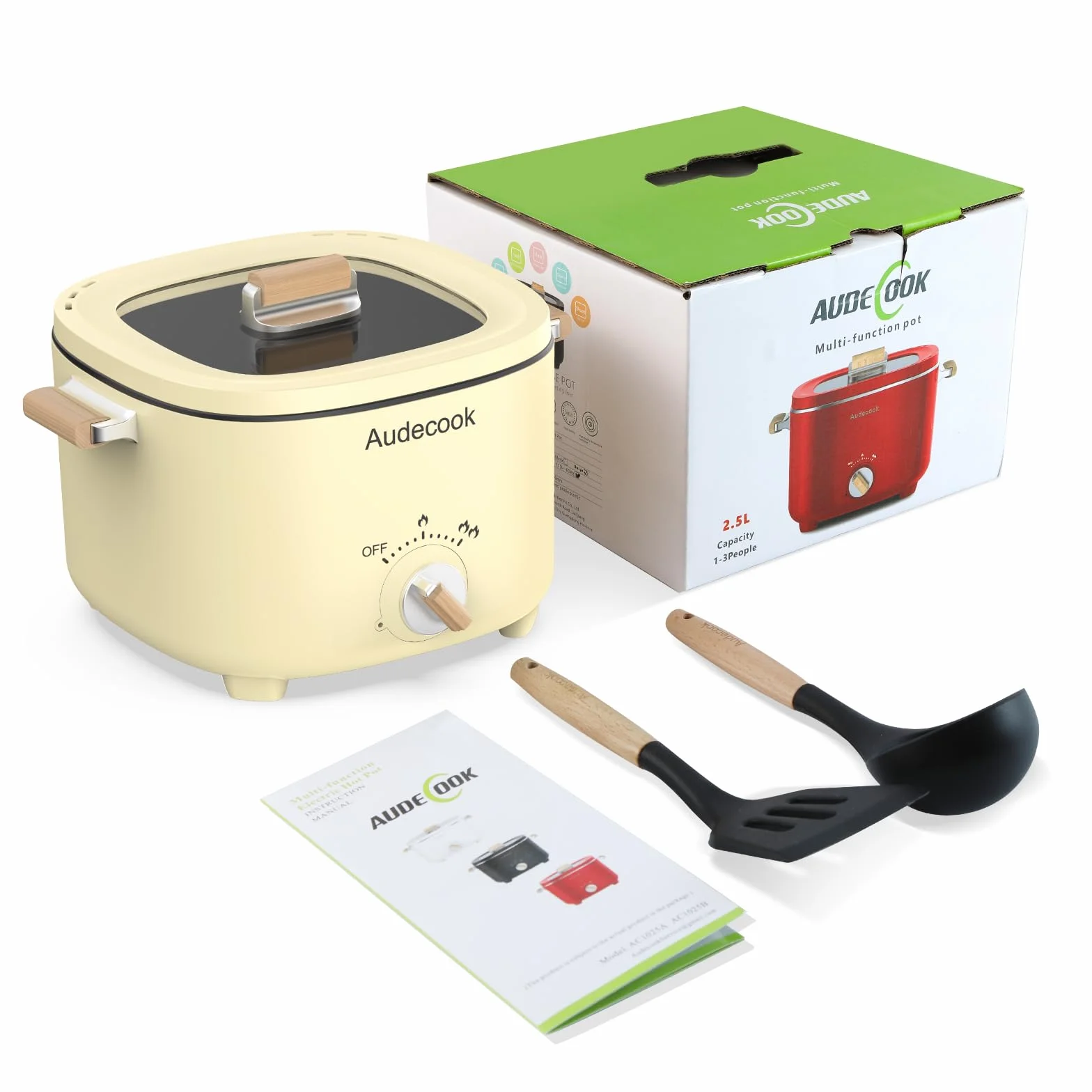 Audecook Hot Pot Elettriche 2.5L, Portatile Mini Antiaderente Pentola Elettrica per 1-3 Persone, Padella Elettrica Multifunzionale di Doppio Controllo per Pasta/Zuppa/Uova/Bistecca (Beige)