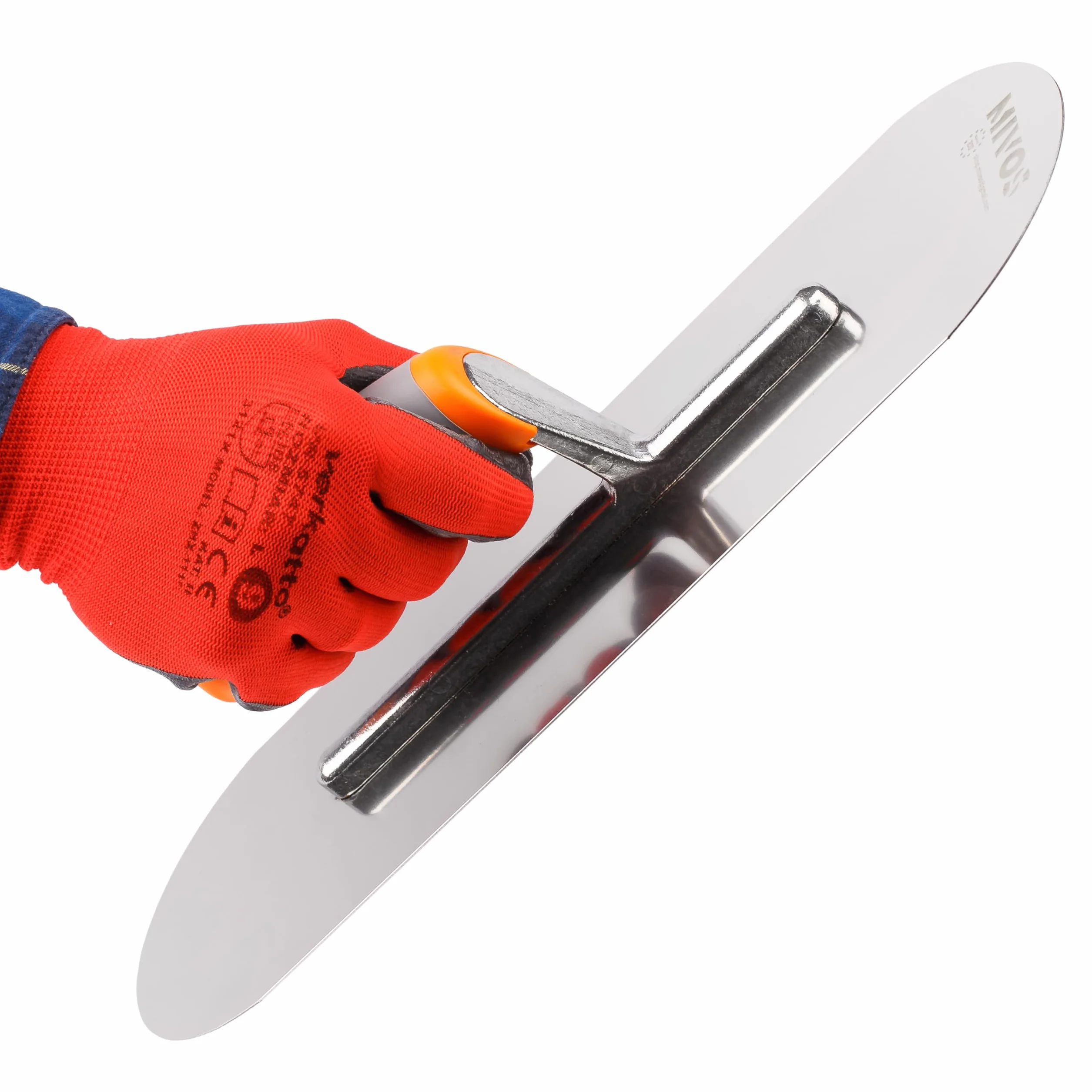 MIVOS Cazzuola in Acciaio inox - 375 x 130 mm - Mezzo Tondo - Impugnatura Ergonomica e Morbida - Tavola Lisciante per intonaco e Muratura - Disco Lisciatore - Made in Ue
