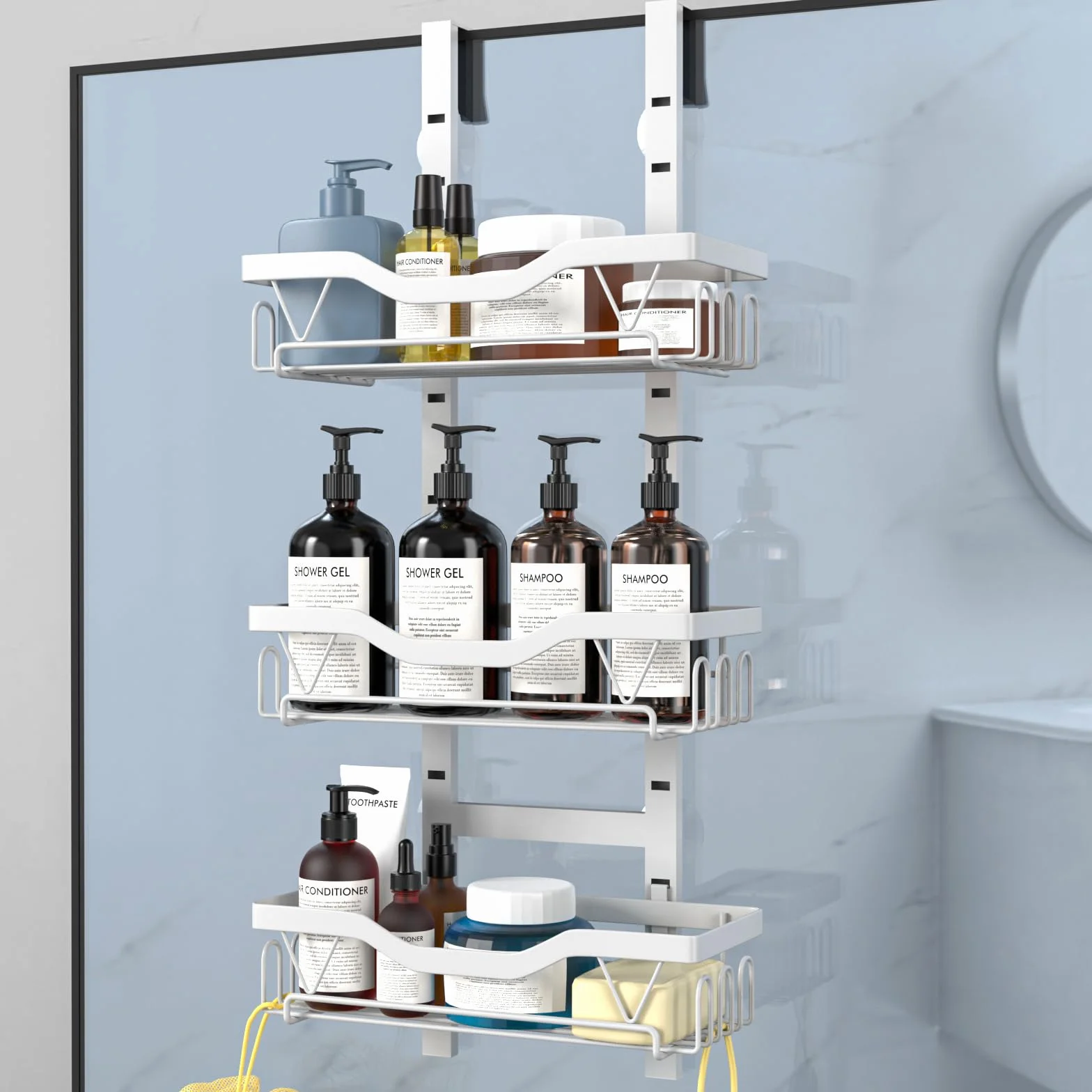 Mensola Doccia da Appendere, Porta Bagnoschiuma da Doccia Senza Foratura, Porta Sapone da Appendere al Porte Doccia (Bianco - 3 strati)