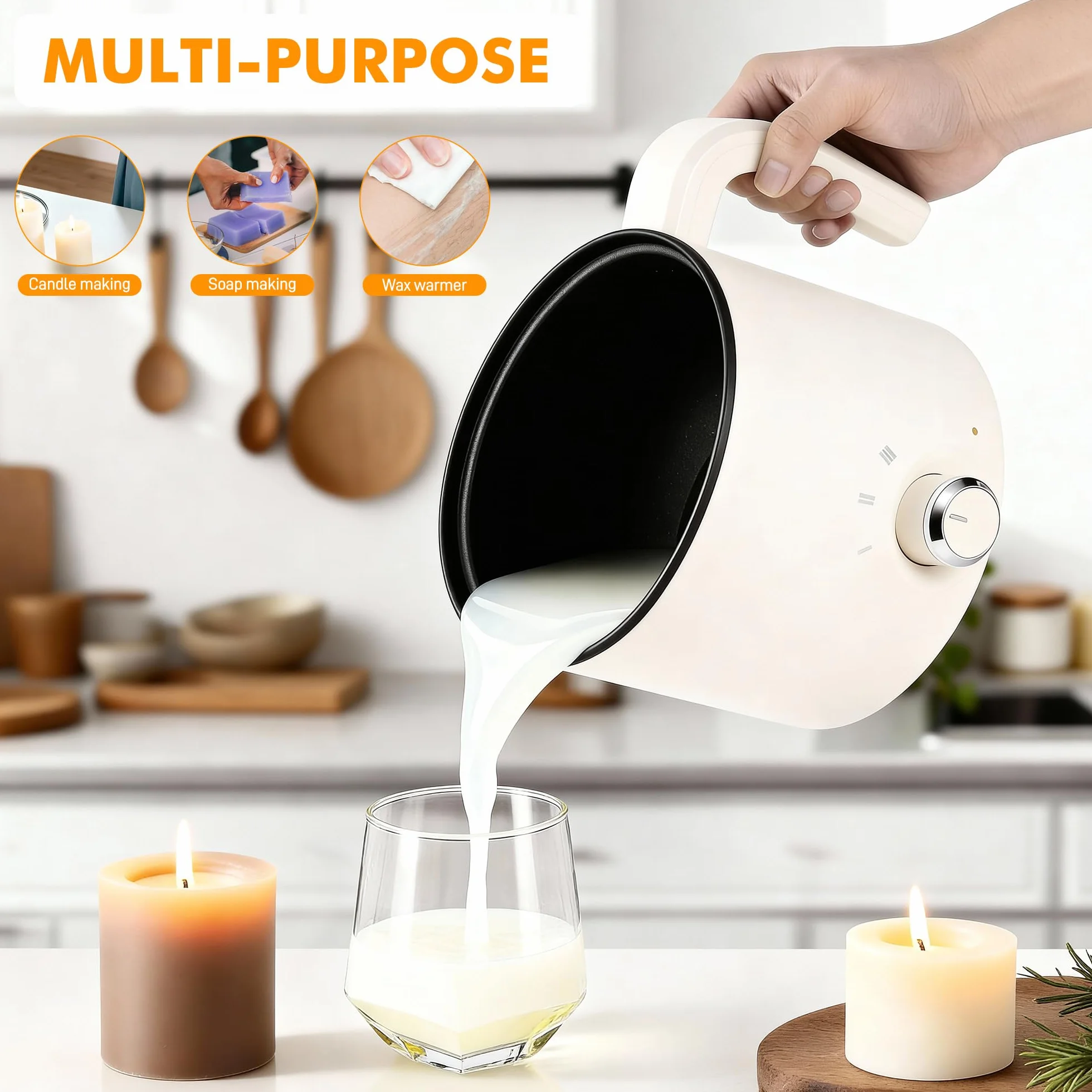 Sciogli Cera per Candele , 1,8L Fusore di Cera Elettrico，Kit Candele Fai da Te con Beccuccio Versatore, Fonditore Elettrico, Stoppino, Adesivo per Stoppini, Centraggio, Cucchiaio per Mescolare