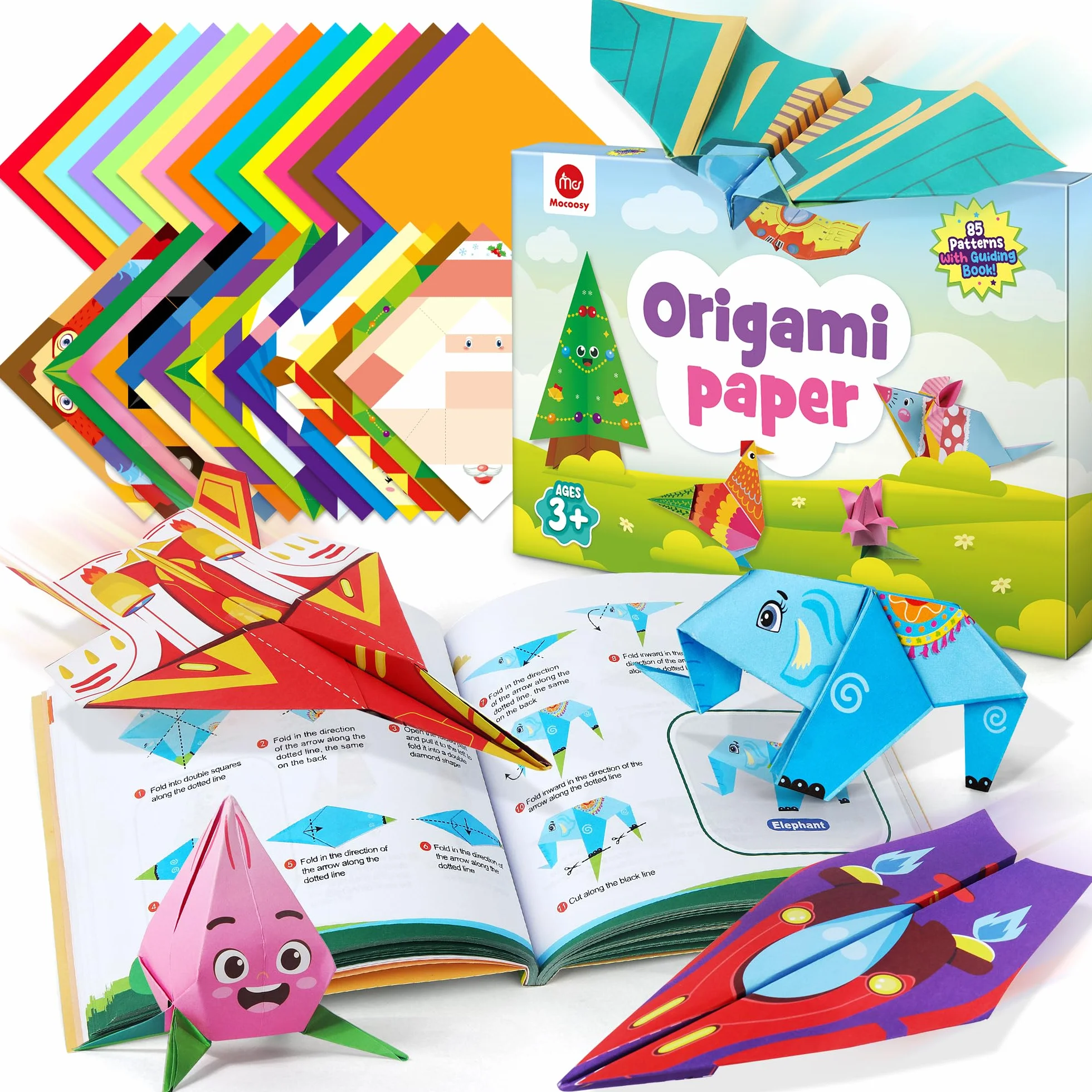 Mocoosy Kit di 320 fogli per origami per bambini dai 5 agli 8 anni e dai 9 ai 12 anni, set di aerei di carta, insieme di carta pieghevole colorata con libro di origami, arte e artigianato per ragazzi