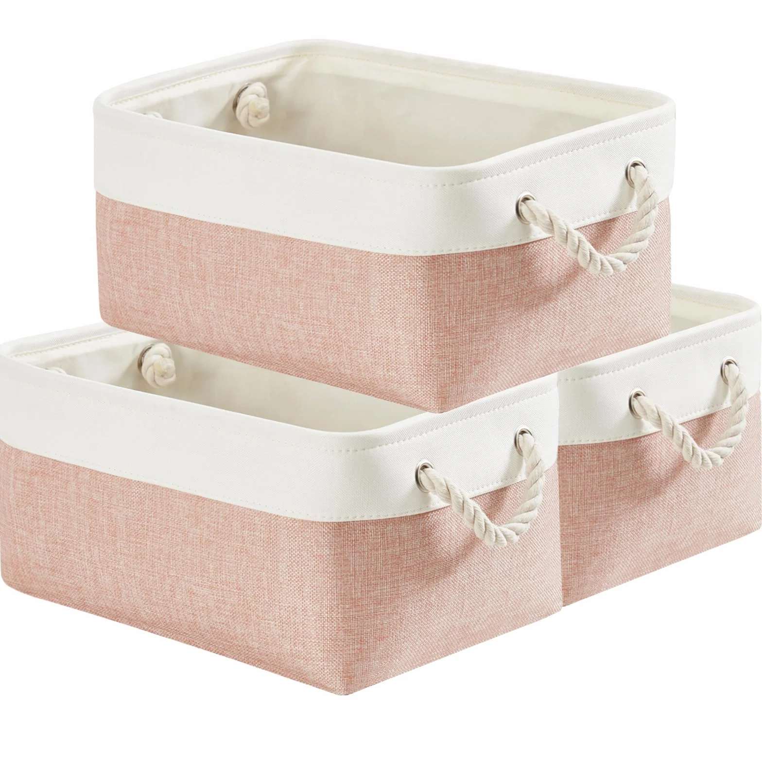 Mangata Scatole portaoggetti in tessuto morbido, multidimensione, contenitori rettangolari per scaffali, armadi, giocattoli e vestiti, 36 x 26 x 18 cm, rosa e bianco (medio, confezione da 3)