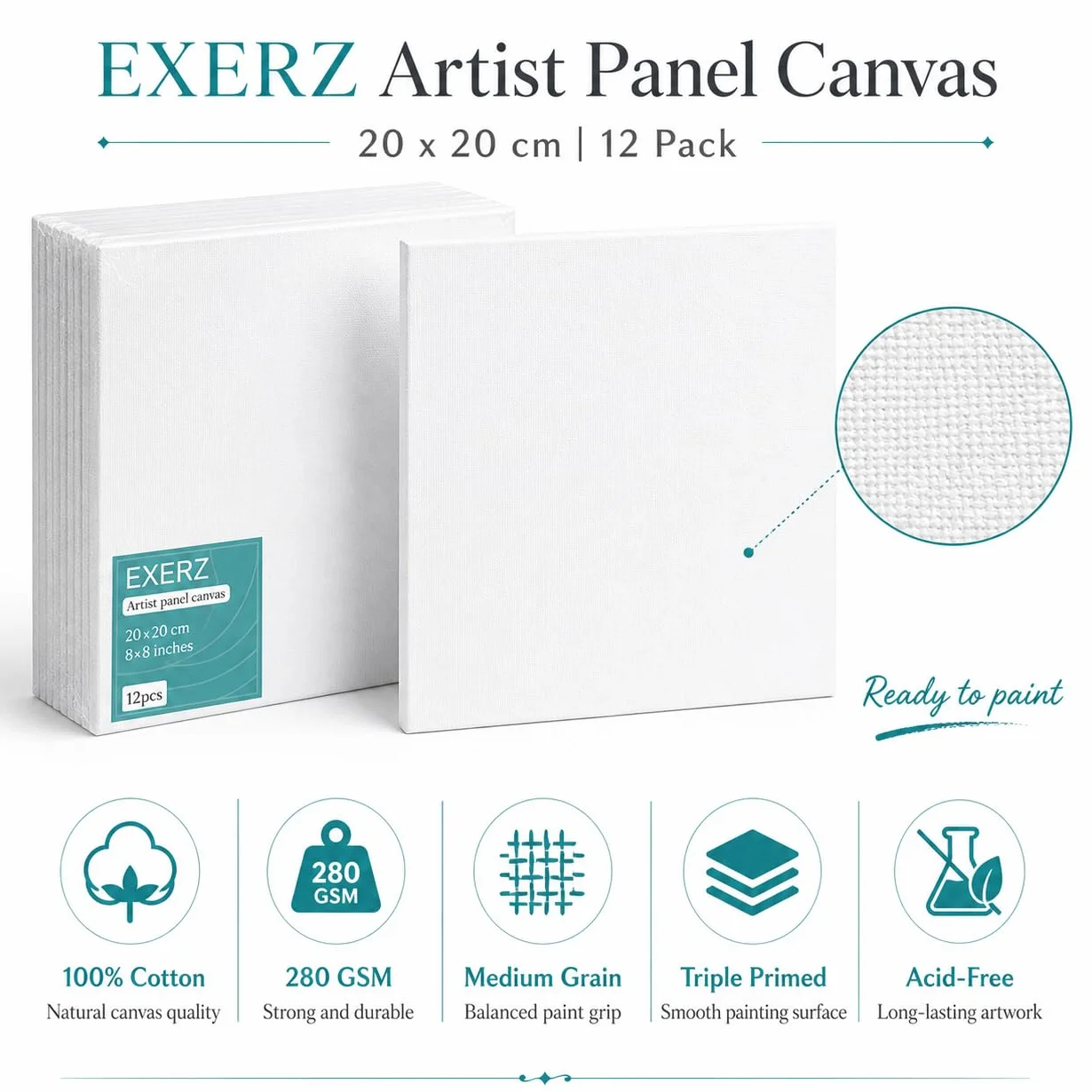 Exerz 20x20cm Pannelli in Tela 12pz - 3mm/ 280gsm/ 100% Cotone Cartoni Telati d’Artista Bianca per Pittura/Vuote/Tre Strati di Gesso/Prive di acidi/Grana Media - Olio o Acrilico