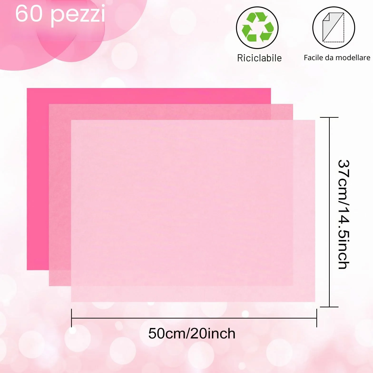 60 fogli di carta velina rosa multicolore per regalo sfusa 50 x 37 cm