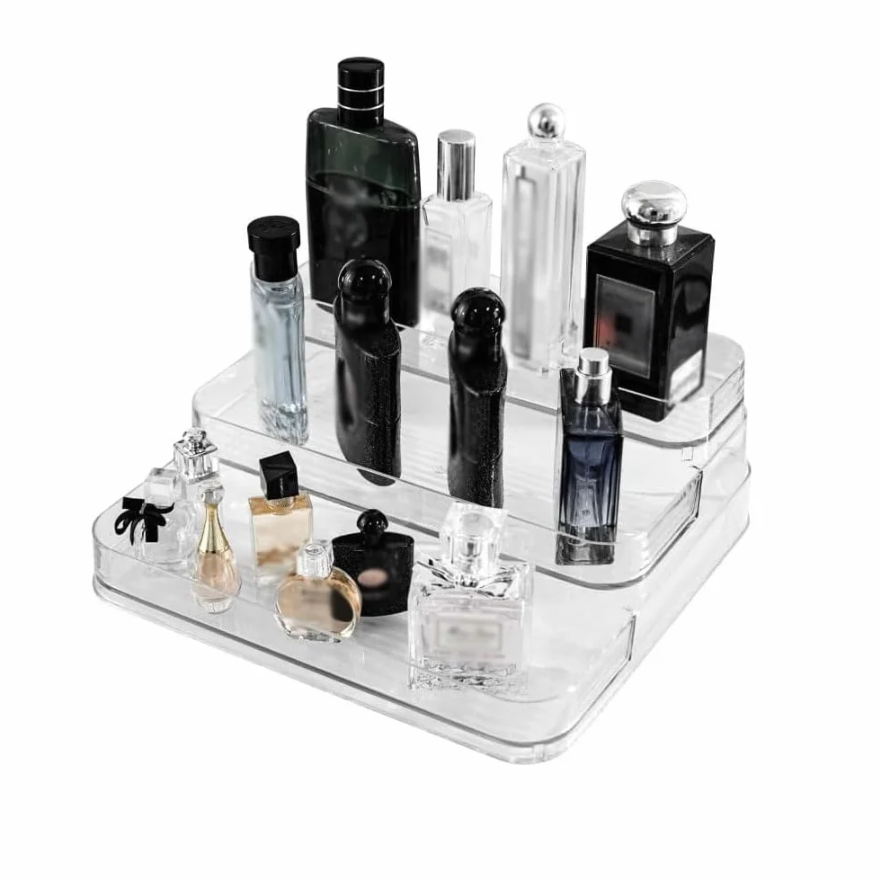 Organizer in acrilico a 3 ripiani, espositore con divisori, portaoggetti per profumi per casa, ufficio e negozi: figurine Funko, giocattoli, cupcake, prodotti alimentari, profumi e cosmetici