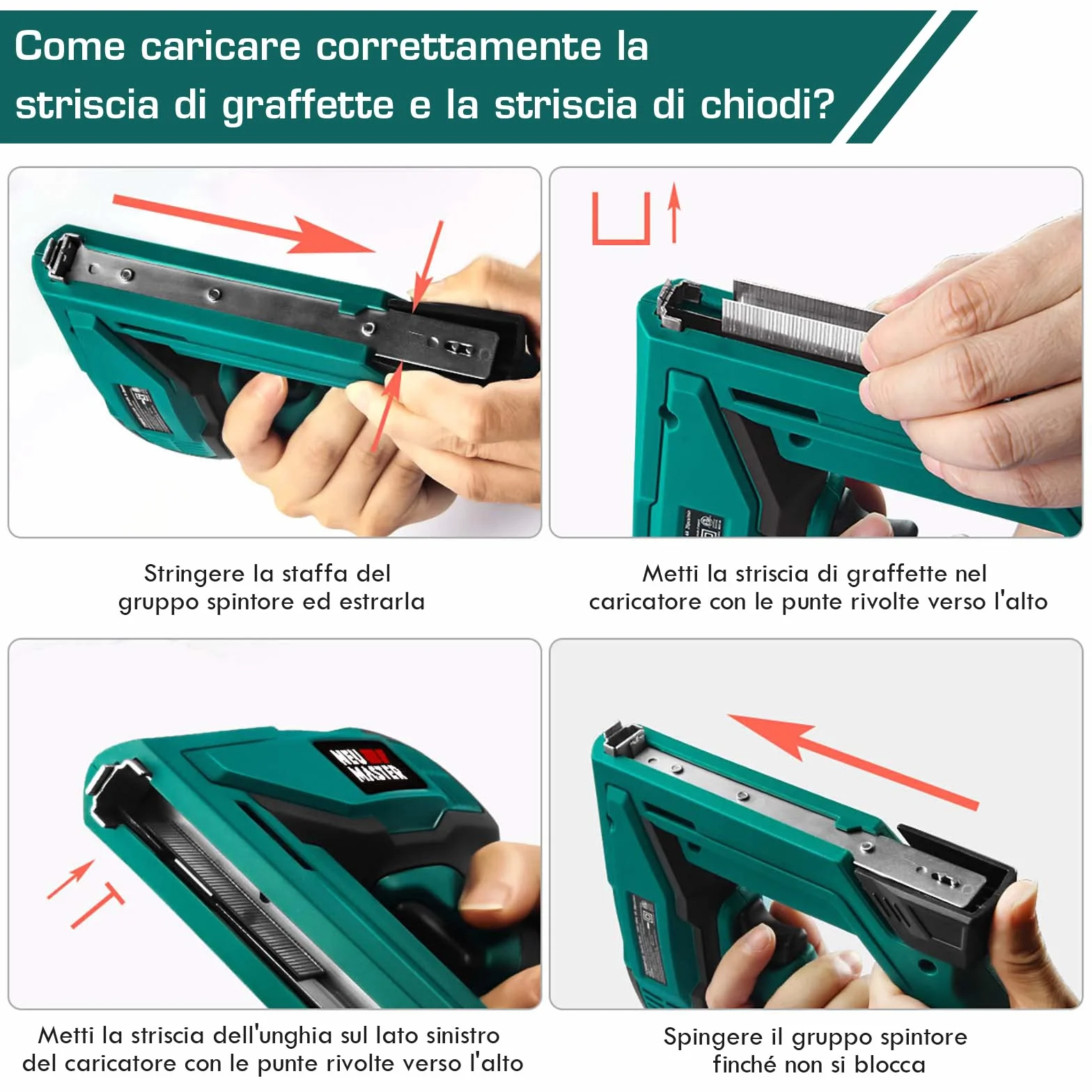 NEU MASTER Sparachiodi Elettrica, Graffettatrice/Chiodatrice Elettrica per DIY Tappezzeria Leggera/Legno/Lavori Tessili, Inclusi 400 Graffe e 200 Chiodi