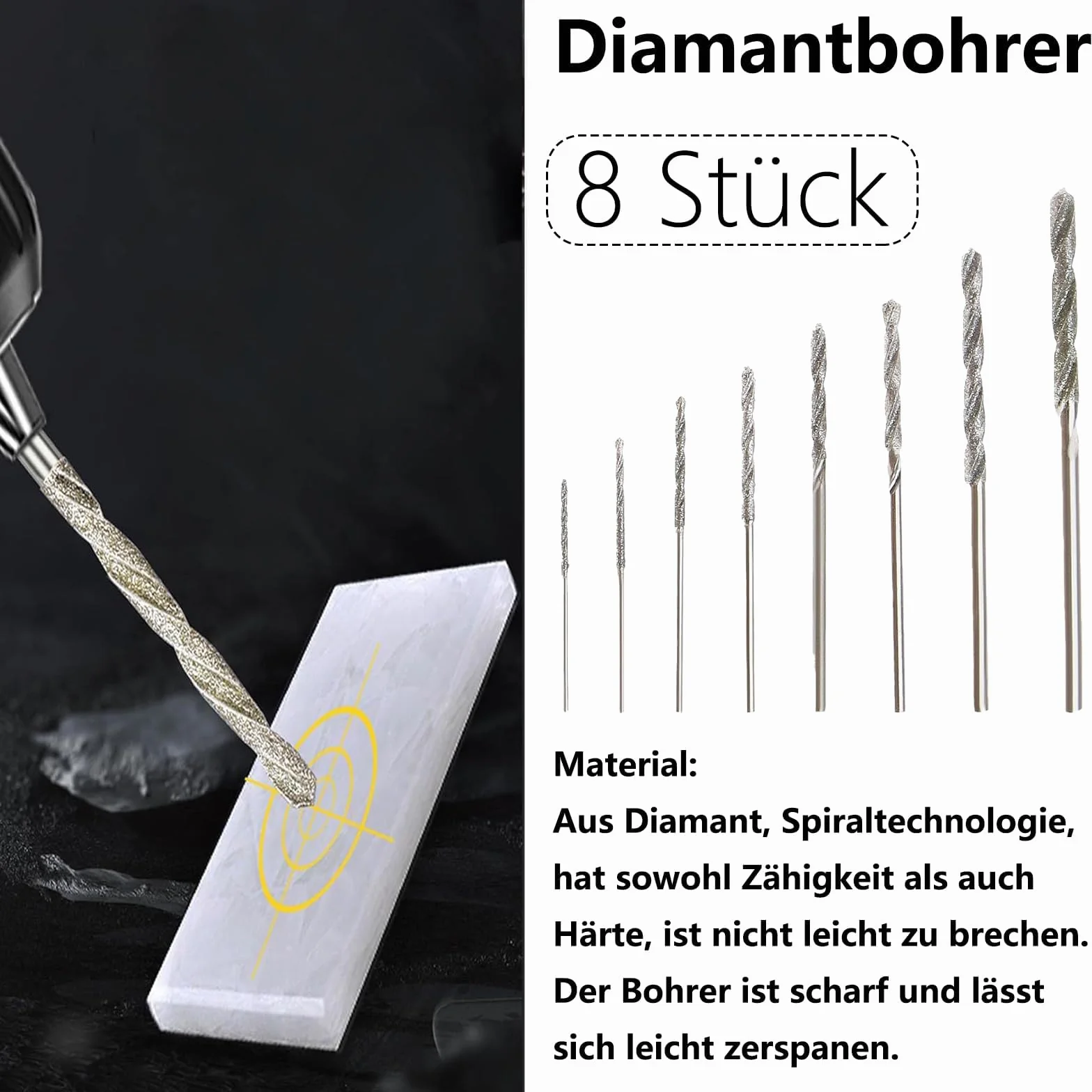 8 pezzi di punte diamantate, set di punte diamantate da 0,8 mm a 3,0 mm per vetro, metallo, conchiglie, giada, perle ecc