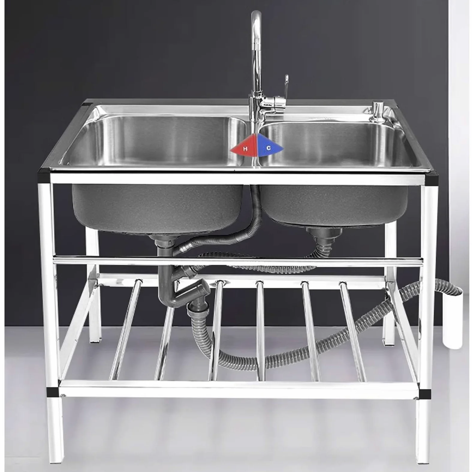 Lavello autoportante in Acciaio Inox, Grande lavello Industriale a 2 vasche per Esterni con rubinetti per Acqua Calda e Fredda, Ideale per ristoranti, Bar, Hotel, Garage e Lavander