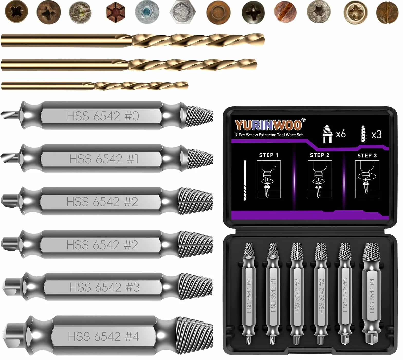 9 Pcs Estrattori Viti Danneggiate, Modello HSS 6542, Durezza 63-65 HRC, YURINWOO Estrattore Vit i Spanate, Dispositivo Di Rimozione Bullone Rotto per Viti Danneggiate, Rotte o Strippate