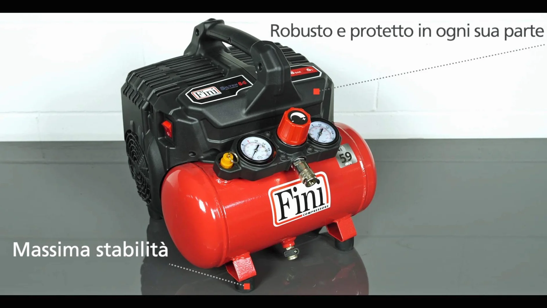 Fini Siltek S/6 Compressore Silenzioso 2 Manometri (59 Db), 6L, 1.0 Hp, 8 Bar, 750 W, 230 V, Rosso, ‎37 x 37 x 37.5 cm 16.54 Kg