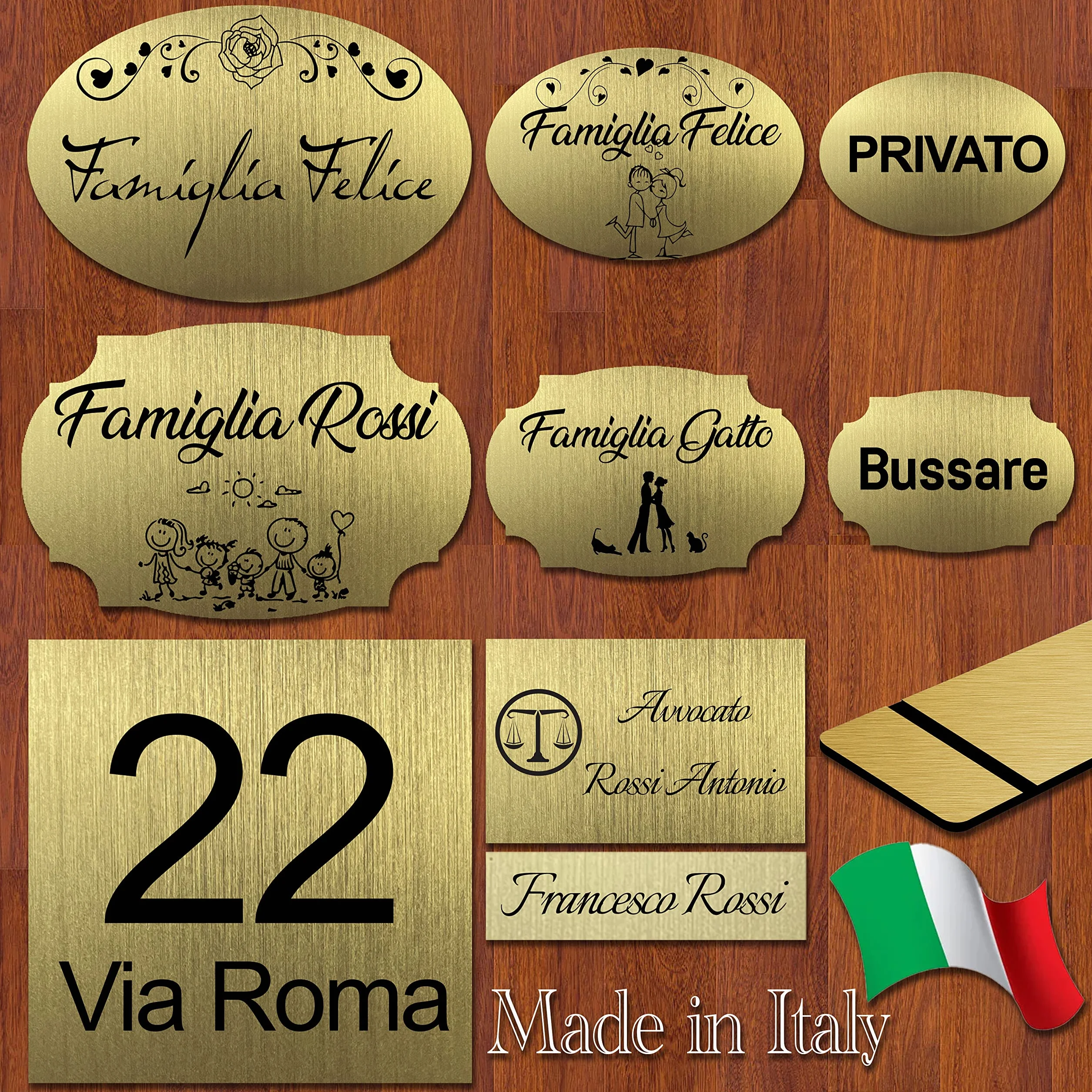 Targa per porta ingresso personalizzabile con nome o indirizzo targhetta fuoriporta di varie forme e misure in laminato plastico personalizzata a laser Oro Spazzolato