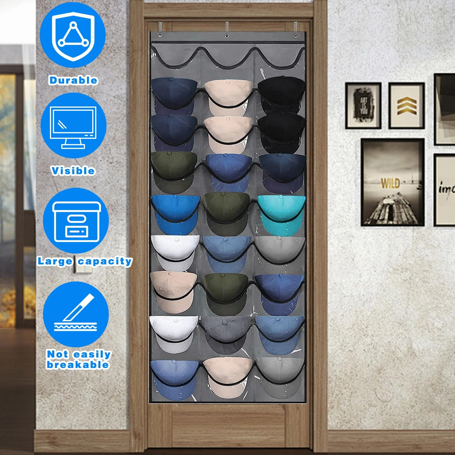 Porta Cappellini da Porta con 27 Tasche, Appendi Cappelli Baseball Cap Holder Grigio
