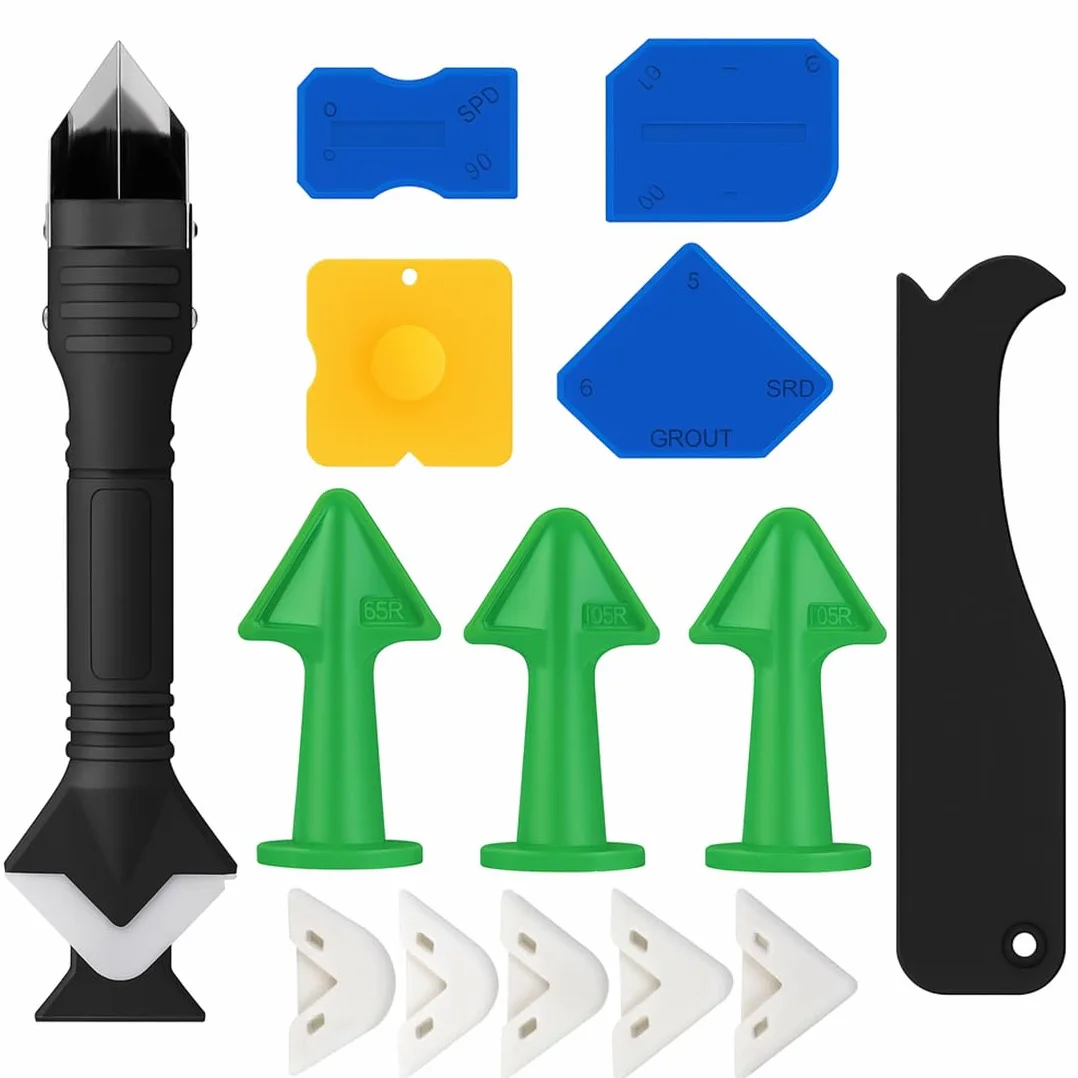 14 Pezzi Kit Strumenti per Calafataggio, Set Togli Silicone e Spatole per Silicone, Strumenti per Rimuovere e Applicare Silicone per Giunti e Calafataggio