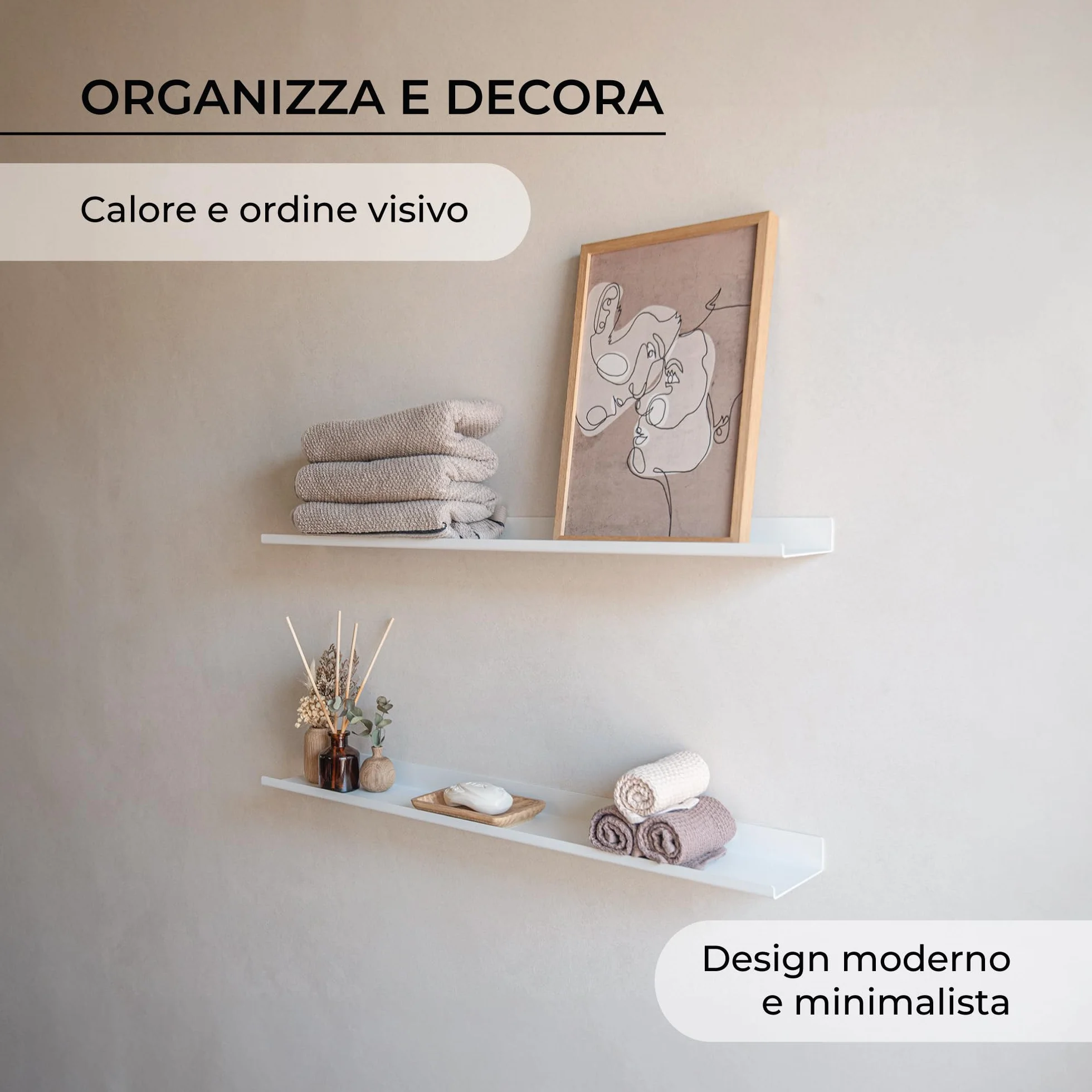 MILUKA Mensola da Muro Sospesa | Mensole da Parete Stretta in Metallo per Quadri, Cornici, libri e Spezie | Ripiano salvaspazio cucina, bagno, ufficio (2, Bianco, 70 x 10 cm)