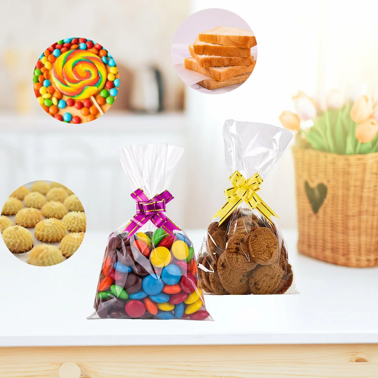 Sacchetti di Cellophane 100 Pezzi - Sacchetti Regalo Trasparenti di 2 Misure Con 100 Fiocchi di Colori Misti e Lacci per l'Imballaggio