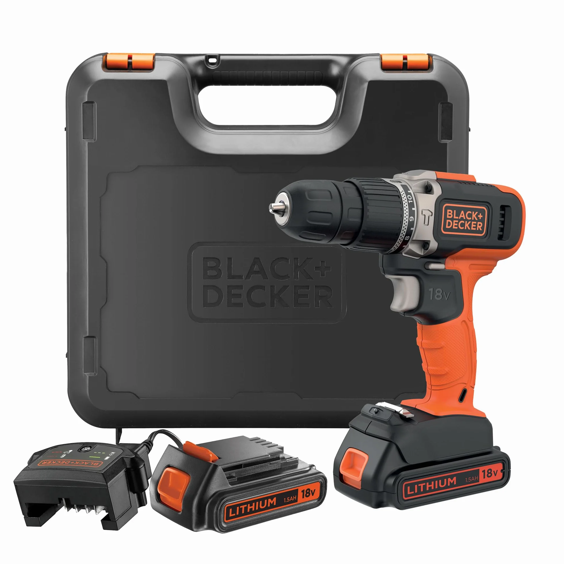 BLACK+DECKER Trapano a percussione a batteria da 18V a 2 velocità con due batterie da 1,5Ah e caricatore da 400mA, coppia di 45Nm, luce da lavoro a LED, BCD003C2K-QW