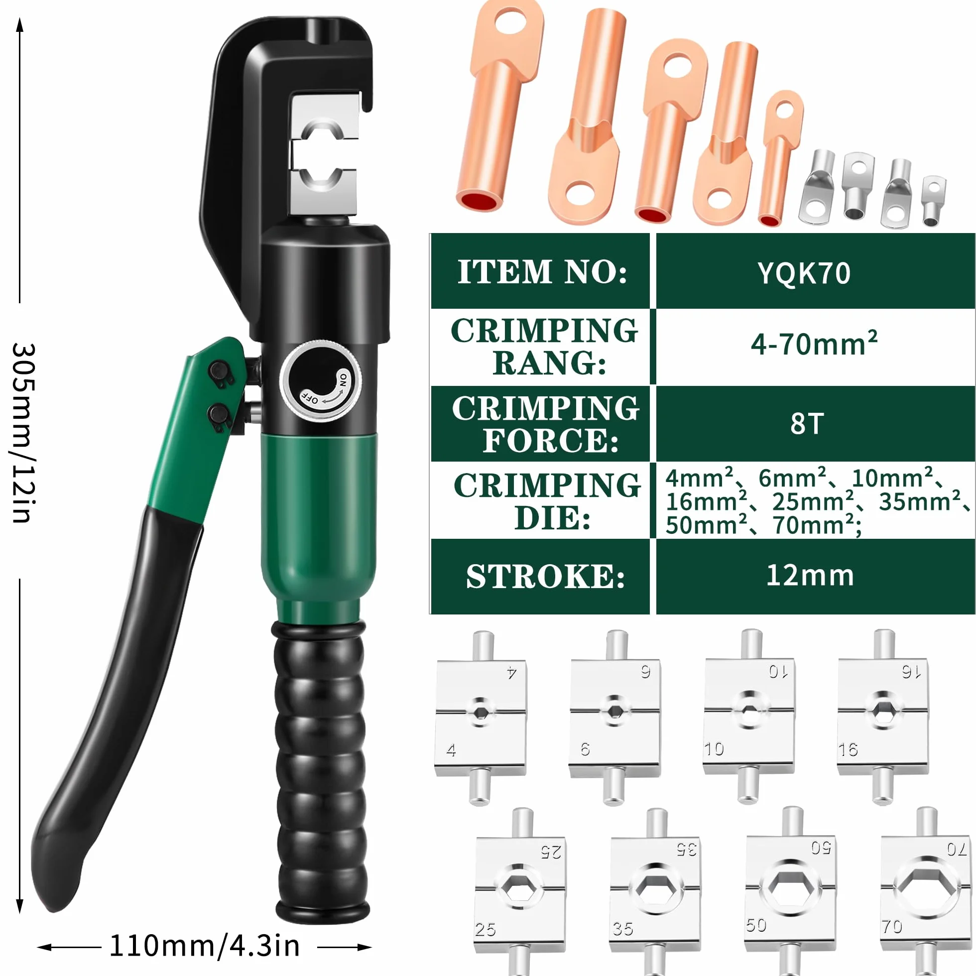 Crimpatrice per capicorda idraulica 6-70mm², kit di attrezzi per cavi terminali elettrici con 8 matrici (strumento di crimpatura 4-70mm²) (YQK70)