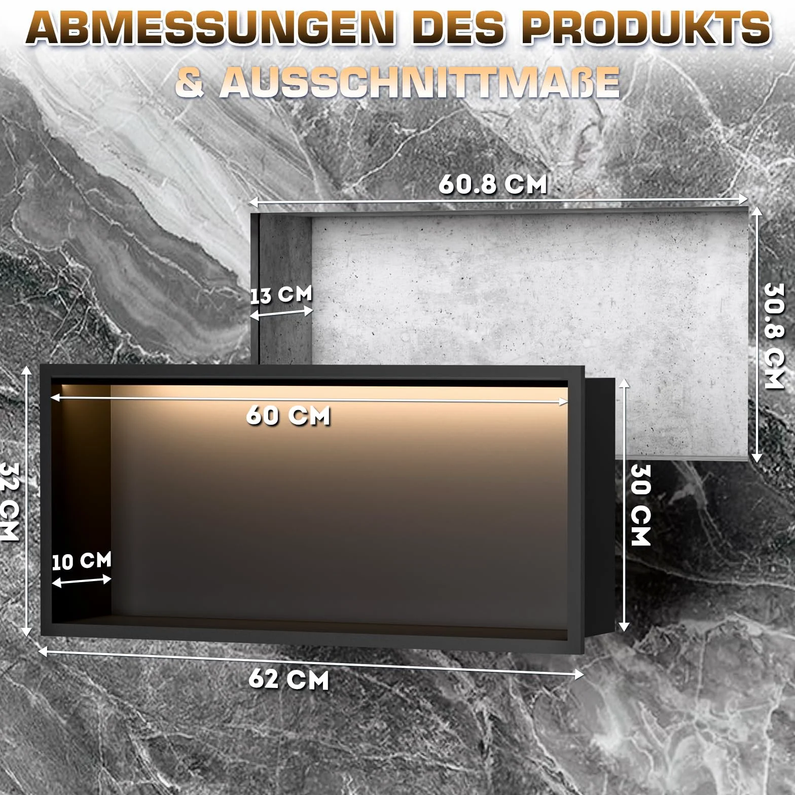 Doccia da parete, 60 x 30 cm, in acciaio inox 304, con illuminazione a LED e trasformatore, impermeabile, mensola singola per bagno e decorazione