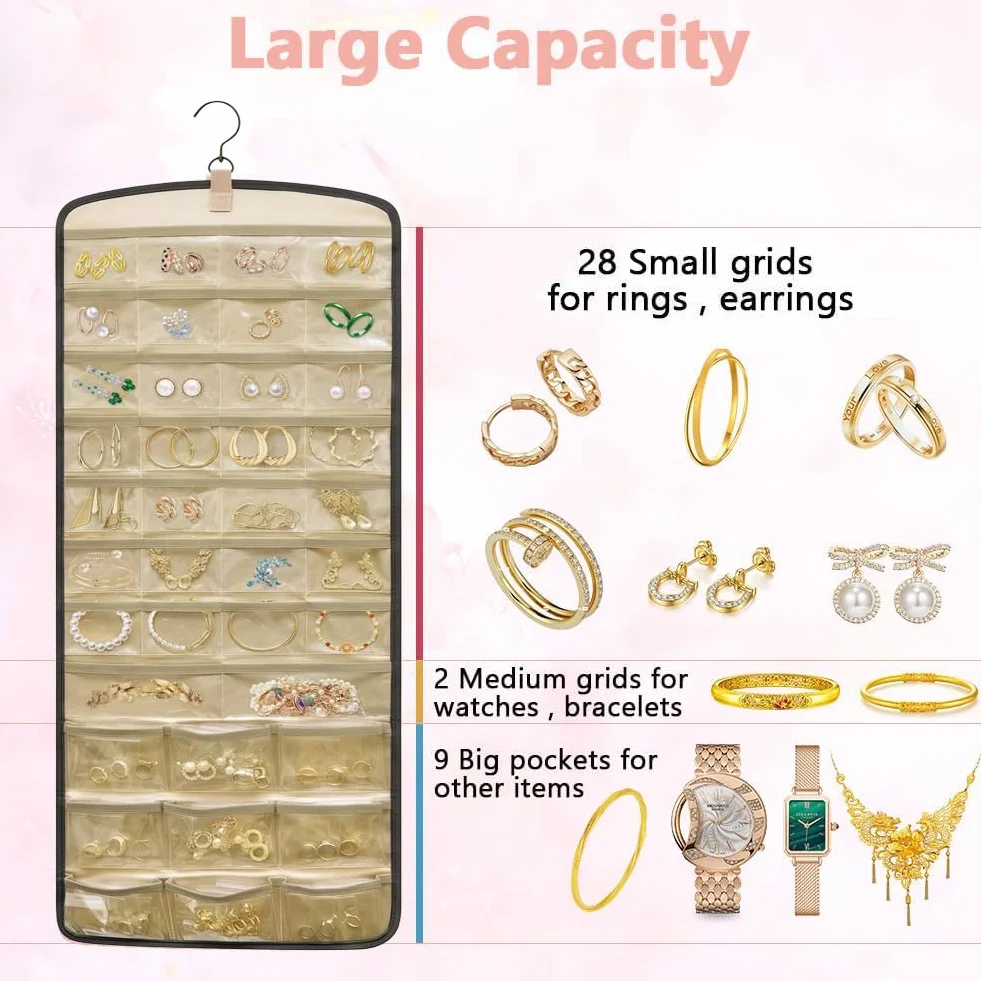 Aucuu Hanging Jewelry Organizer per Armadio 39 Tasche 3 Ganci a Forma di Onda