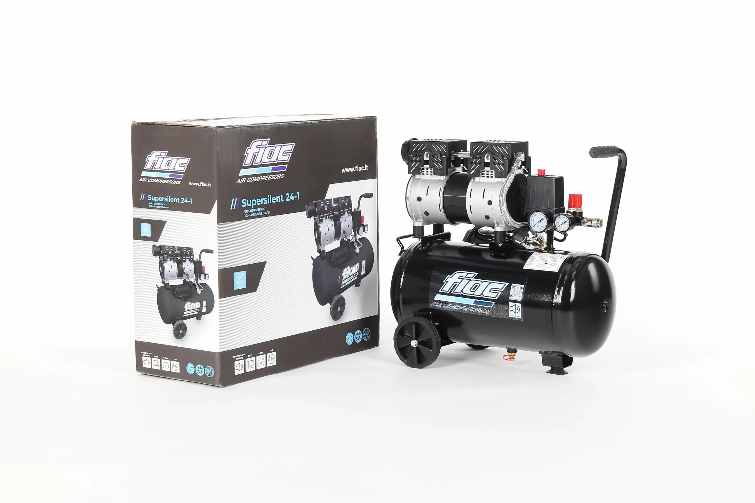 FIAC Compressore d'Aria Mobile Silenzioso SUPERSILENT 24, Compressore Aria Senza Olio, Pressione Massima 8 Bar, Potenza 1 CV, Serbatoio 24 Litri, Rumorosità 58 dB LpA