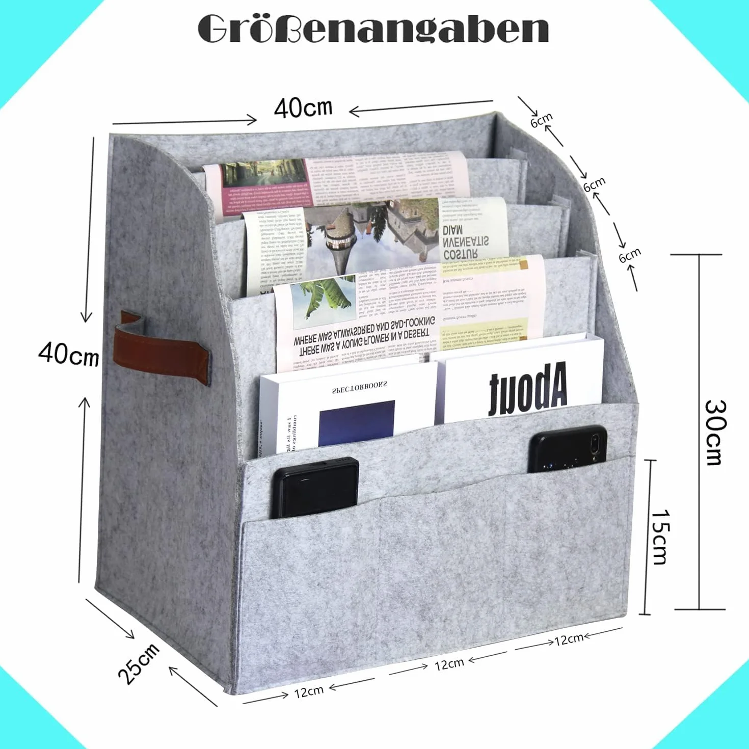 Organizer Cassetti, Portariviste Pieghevole in Feltro con Divisore a 4 Strati Rimovibile, 3 Tasche Esterne, 40x40x25cm - Moderno per Casa e Ufficio (Grigio)
