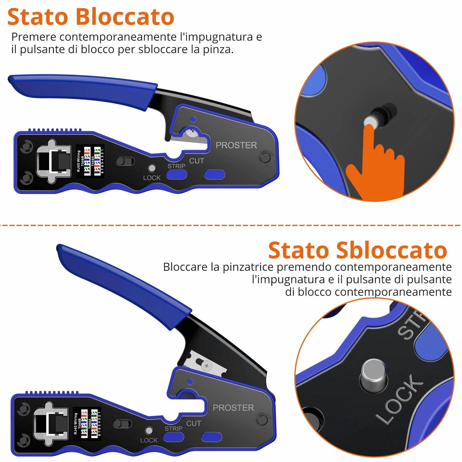 Proster Pinza Crimpatrice RJ45 Pass Through Multifunzione Spelafili per Cavo Rete RJ45 Cat6 Cat5 Cat5e Kit Strumento Crimpatura con 50pz Connettori Cat6 e Coperture di Protezione Blu