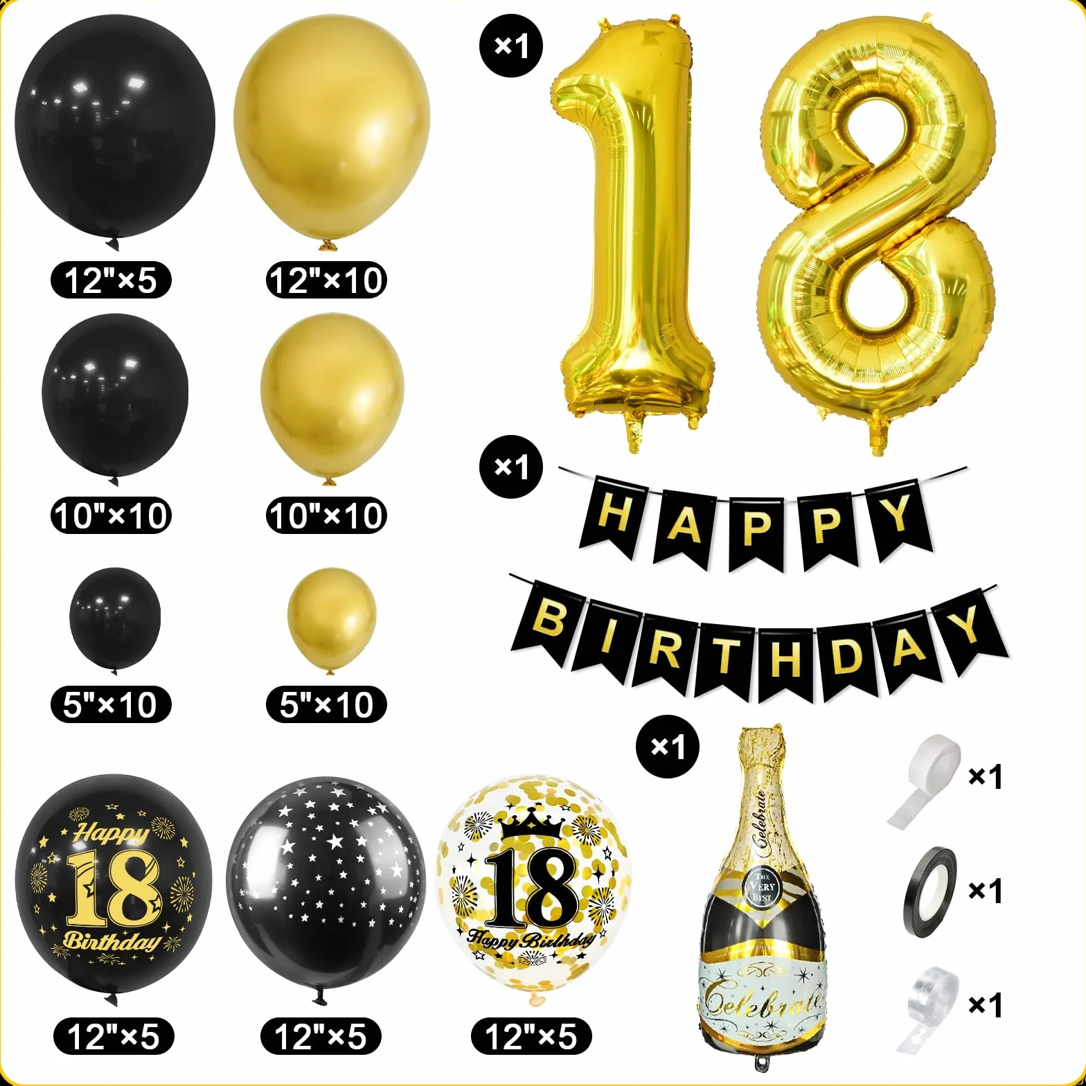 Decorazioni per 18° Compleanno, Kit Arco Palloncini Oro Nero con Numero 18 e Striscione