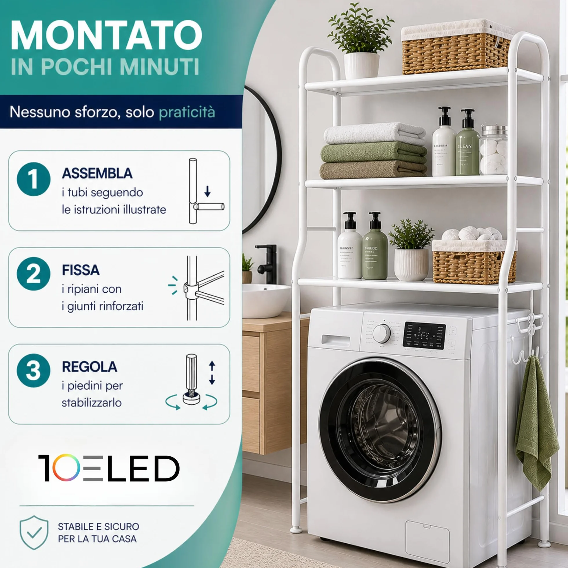 Mobile Lavatrice Salvaspazio con 3 Ripiani STABILE - Scaffale Organizer Bagno e Lavanderia in Acciaio - MONTAGGIO SEMPLICE con Ganci Laterali e Piedini REGOLABILI per Detersivi, Asciugamani e Altro