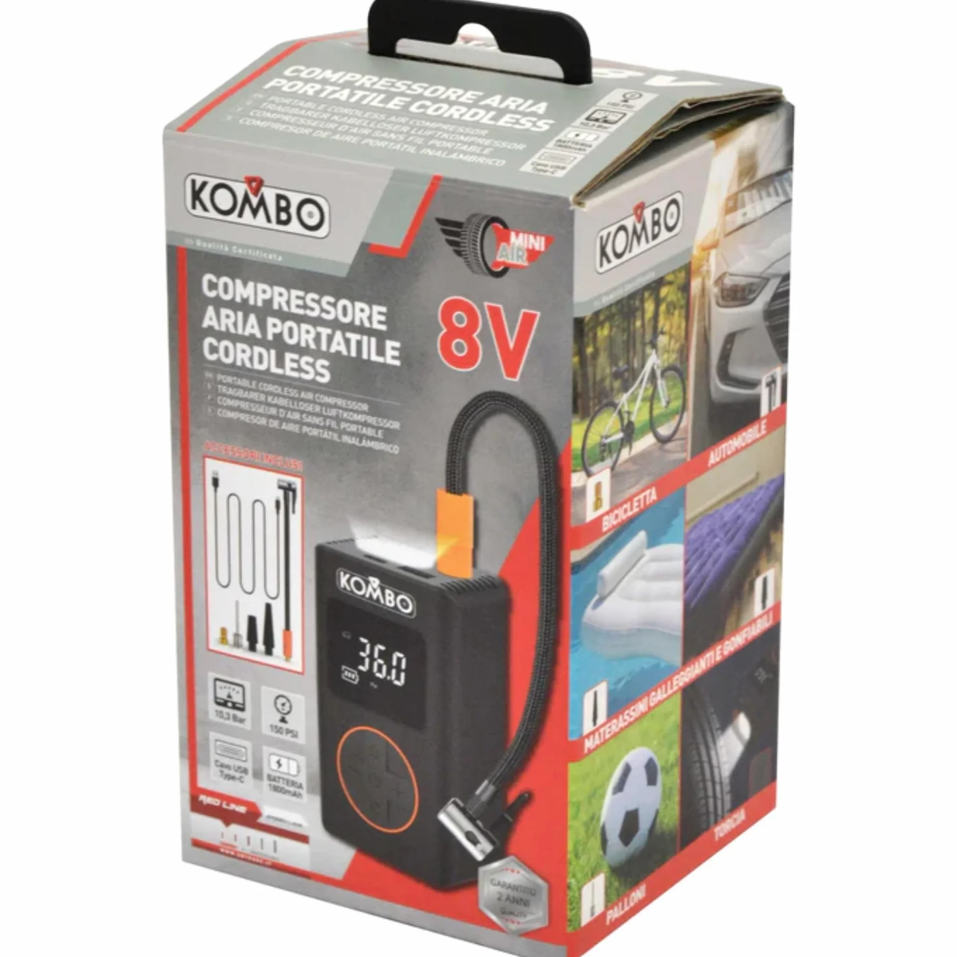 KOMBO - Compressore Aria Portatile Cordless 8V – Gonfiatore Gomme Auto Digitale 130 PSI con Auto-Stop, USB-C e 4 Adattatori, Mini Compressore Ricaricabile