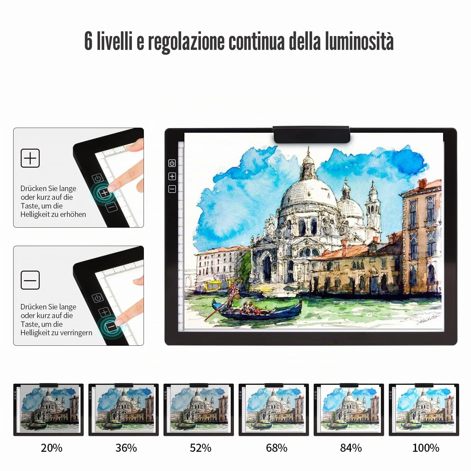 Tavolino luminoso A4, senza fili, funzionamento a batteria, lightpad, 6 livelli di luminosità, lavagna luminosa ricaricabile per diamond painting, schizzi, pittura, animazione, diserbo in vinile
