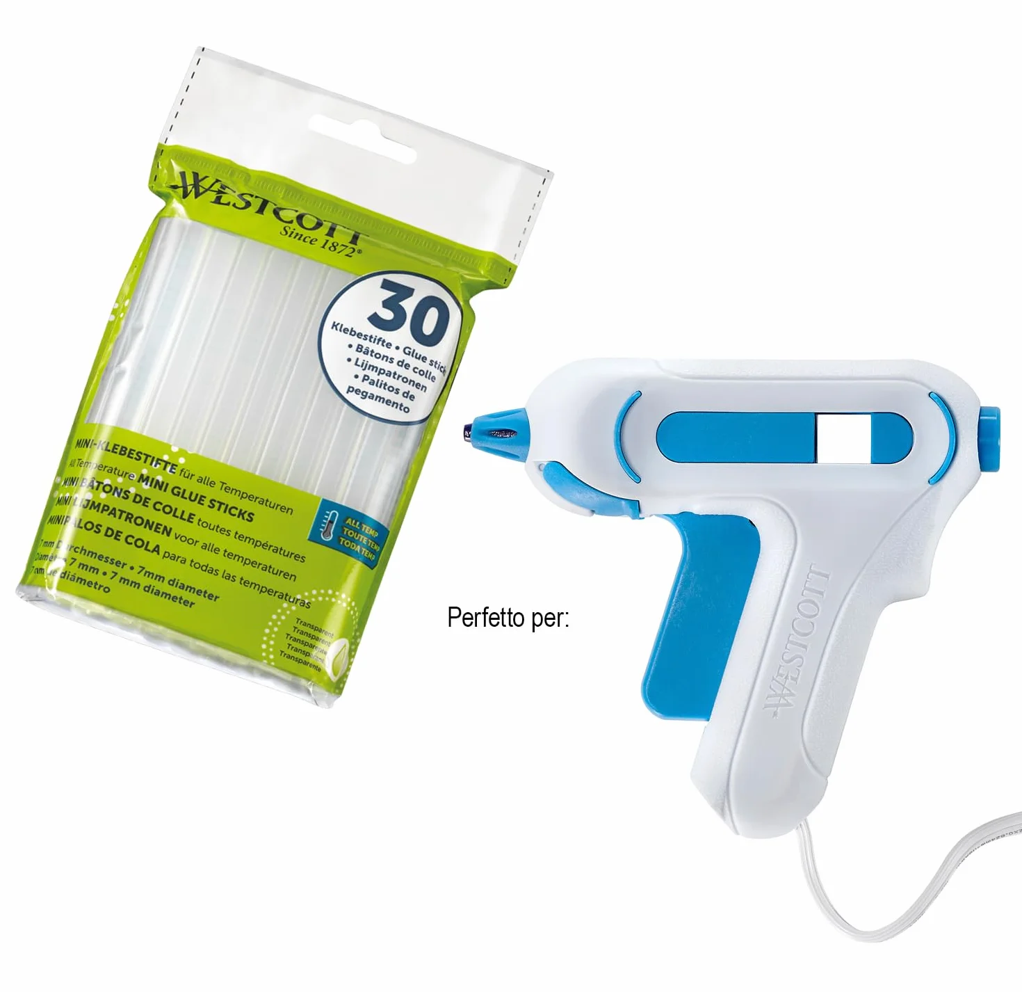 Westcott stick di colla a caldo 7mm 30 pezzi | Confezione da 30 ricariche di stick di colla per pistole a caldo in formato standard 7 x 102mm | trasparente | E-16837 00