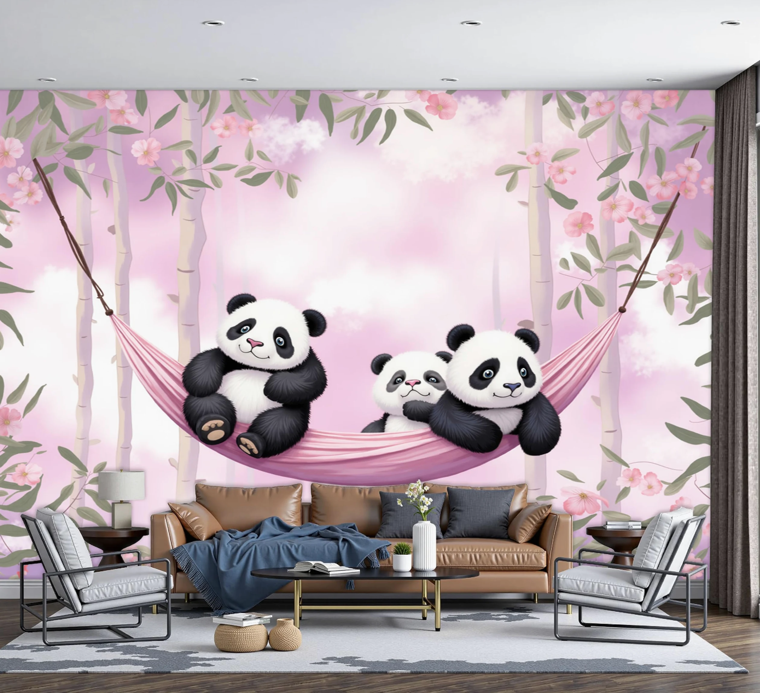 Carta da Parati no Adesiva Muro Fiori e nuvole Carta da Parati Camera da Letto Panda animale per Home DIY Decoration Wall no Adesiva rosa Muro 350x256cm