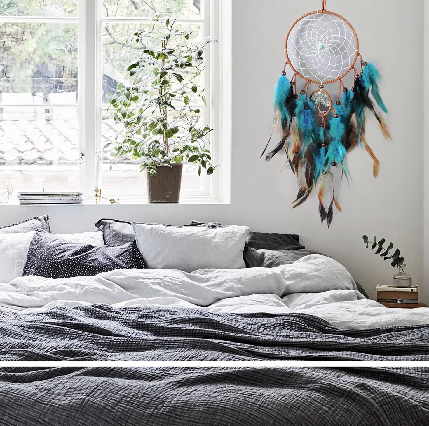 BetterJonny Acchiappasogni Blu Dream Catcher da Parete con Piume Blu Turchese Fatti a Mano