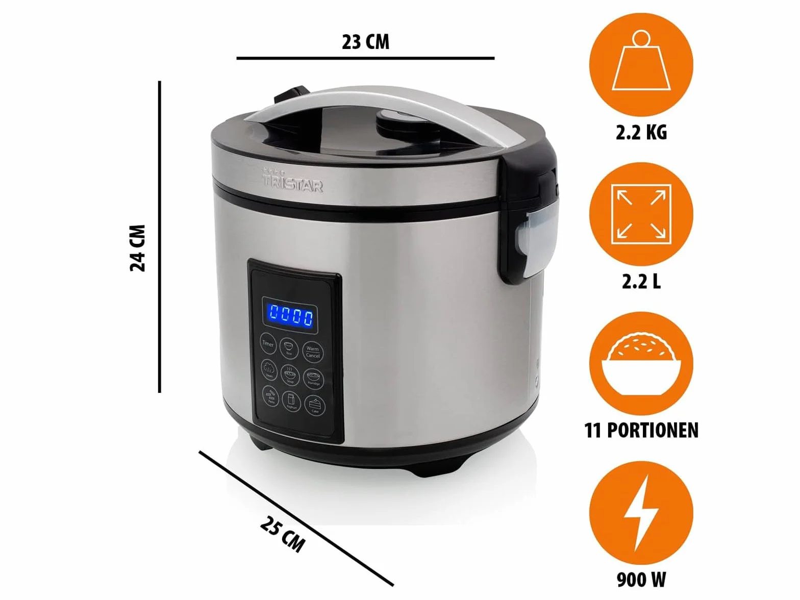Tristar Cuociriso E Vaporiera XL (2,2 L), Mantenimento In Caldo 24 H, 7 Programmi, Pannello Digitale, Timer, Per 8–10 Persone, BPA Free, Incl. Accessori, Argento, RK-6138