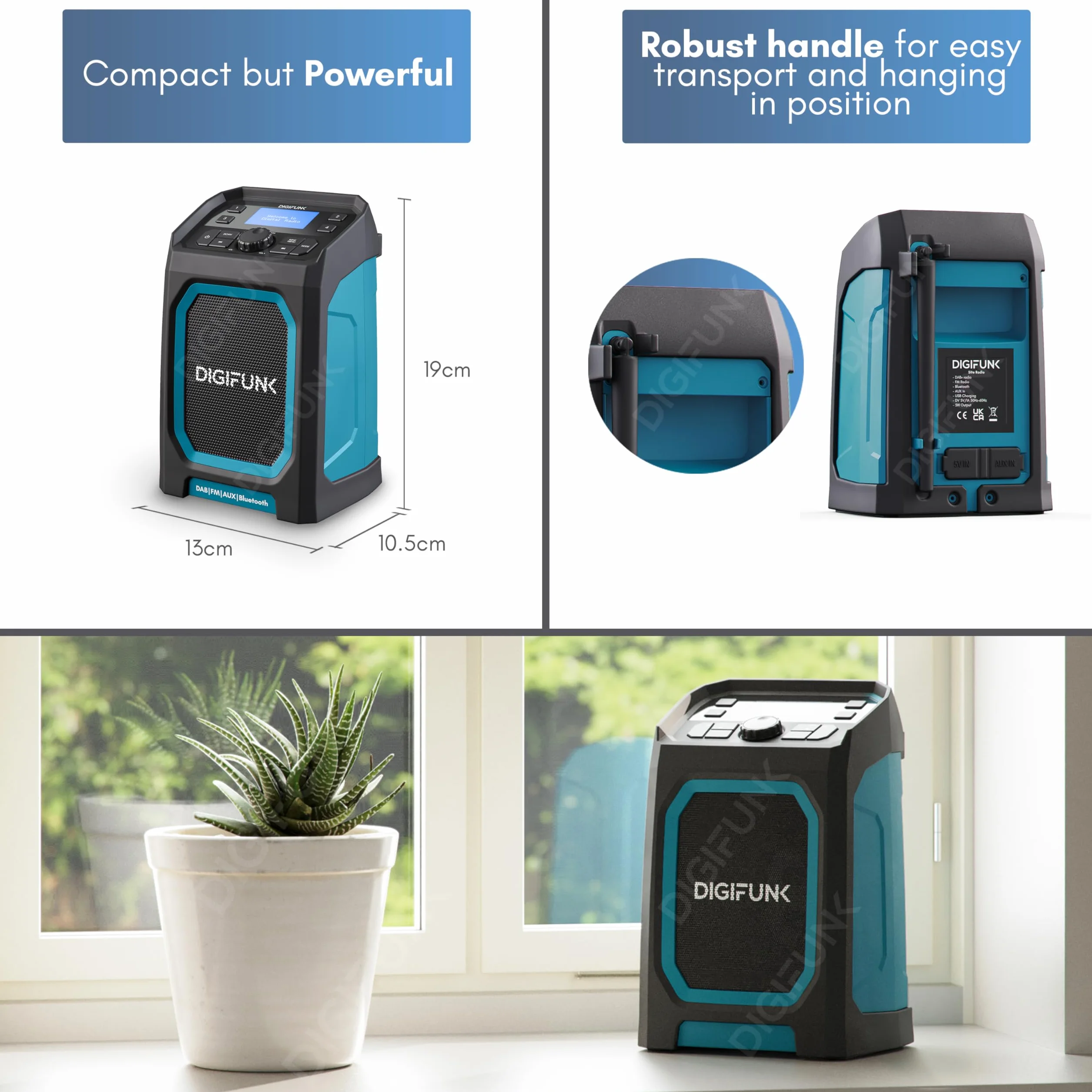 Radio da cantiere DigiFunk | Ricaricabile via USB | DAB+, DAB, FM, Bluetooth, Ingresso AUX | Design resistente all'acqua IP65 ultra resistente e durevole | Perfetta per edili (Rosso)