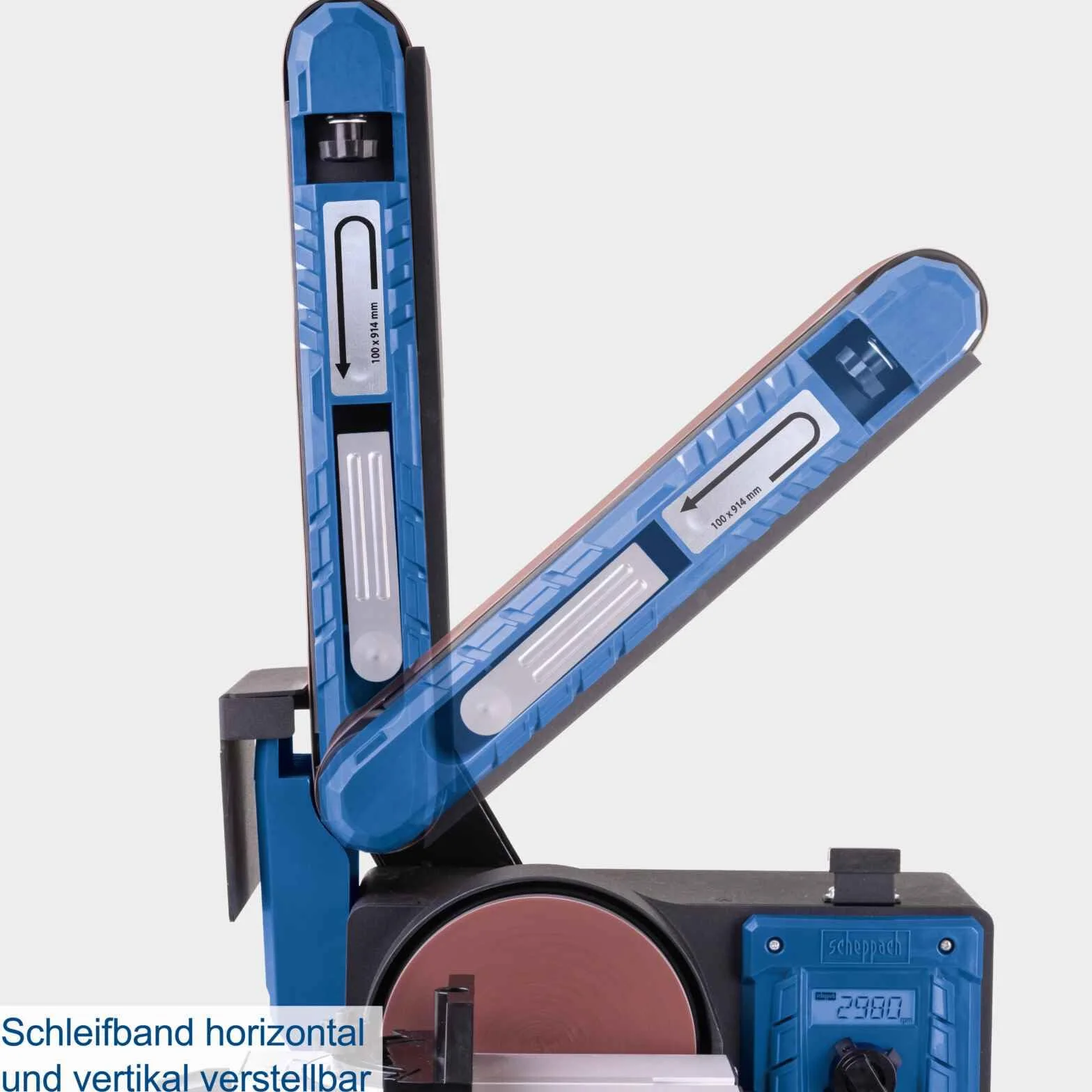 Scheppach BTS900Vario - Levigatrice a nastro e piatti con velocità vario, 400 W, piatto abrasivo 150 mm, regolazione continua della velocità | arresto trasversale | tavolo 0° – 45° | con carta vetrata