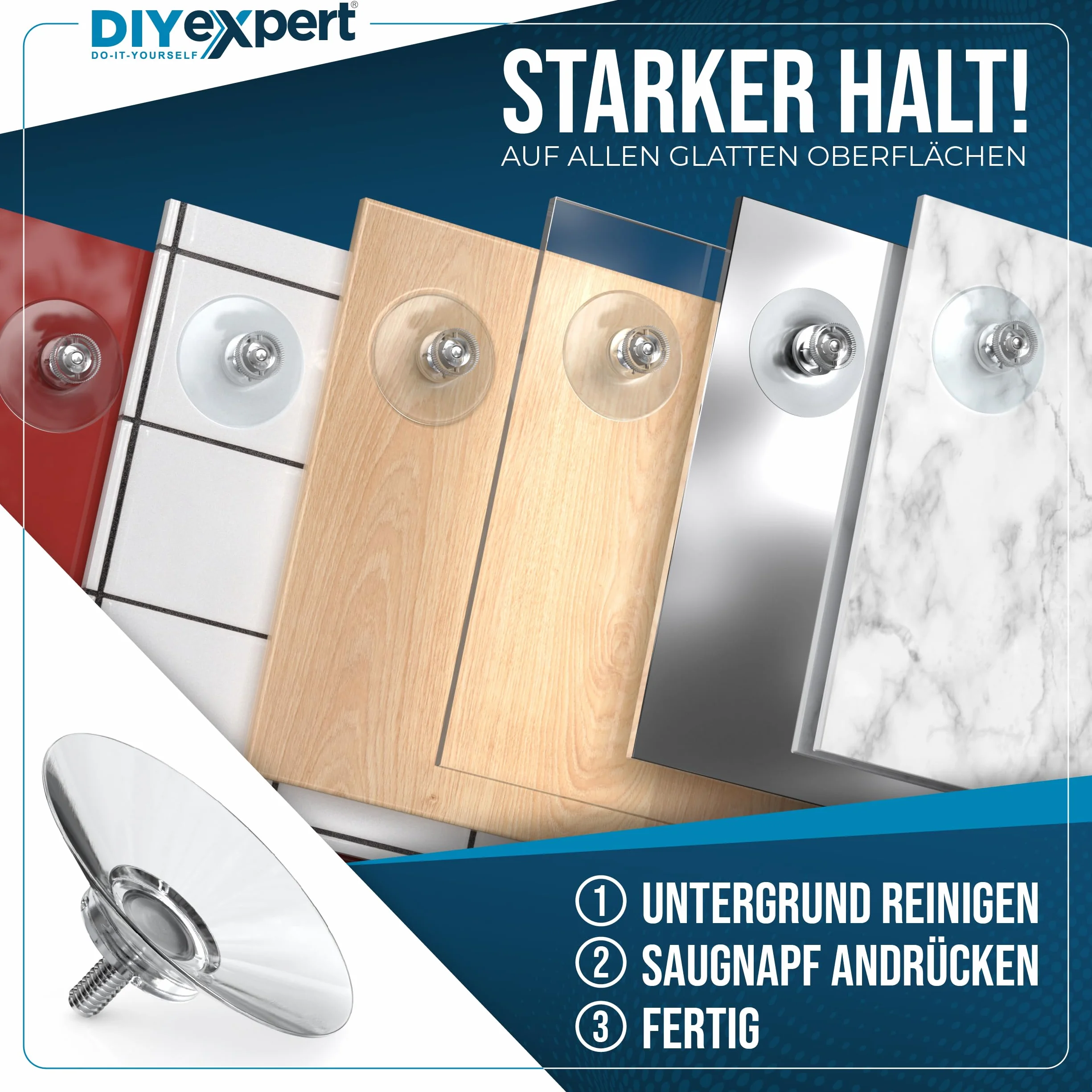 DIYexpert® - Ganci con Ventosa, Diametro 50 mm, con Filettatura M4 x 10 mm, 12 Pezzi, con Dadi zigrinati Trasparenti, Realizzati in Germania
