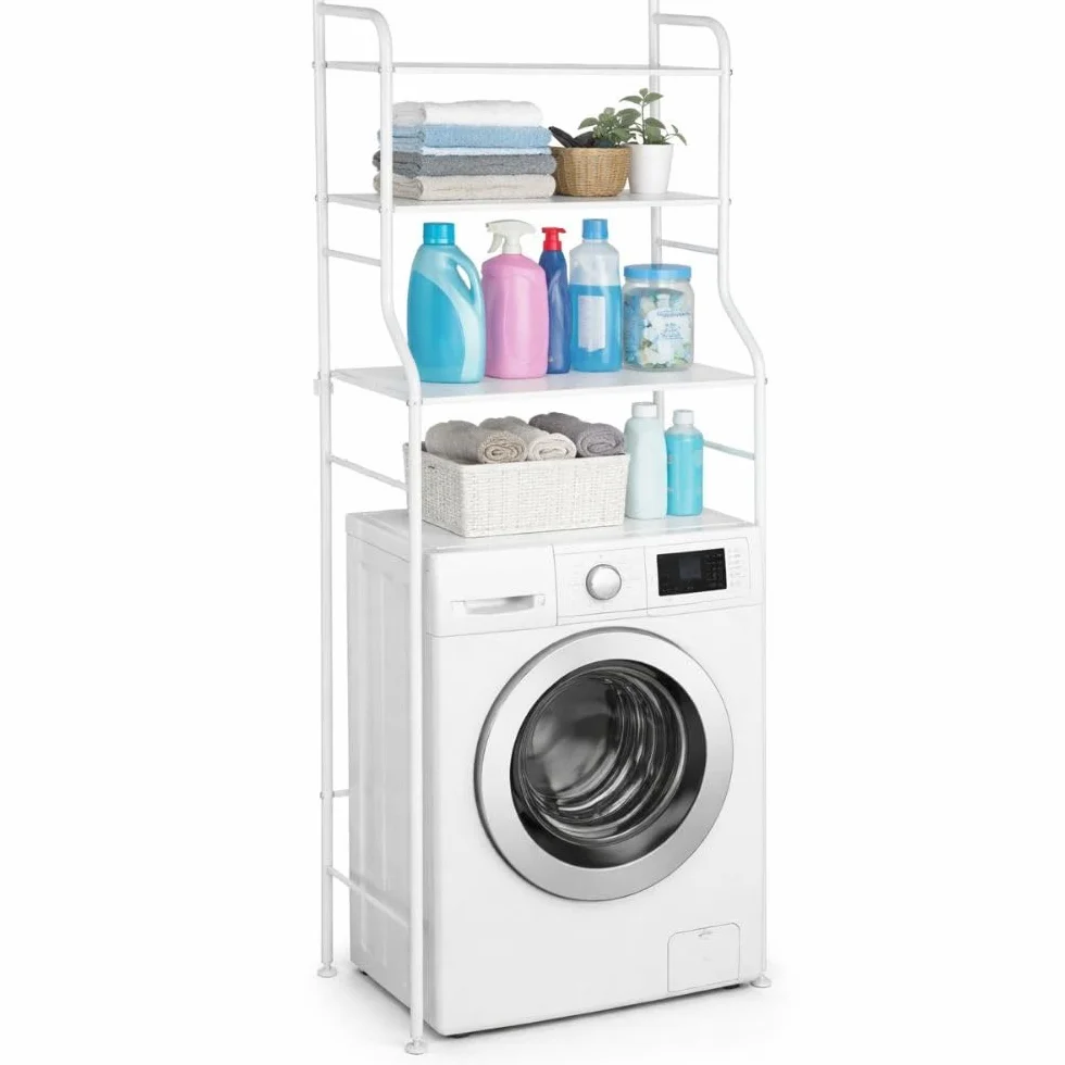 Scaffale Sopra Lavatrice in Metallo – Libreria Salvaspazio 3 Ripiani – Struttura Super Resistente – Piedini Antiscivolo – Organizer Lavanderia 65x25x160 cm – Bianco