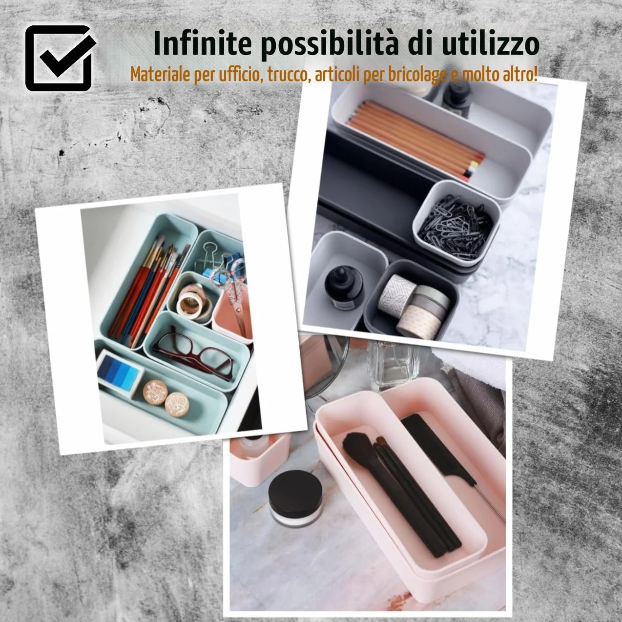 Set di organizer per cassetti, con sistema di separazione, regolabile, per soggiorno, bagno, in plastica, grigio chiaro