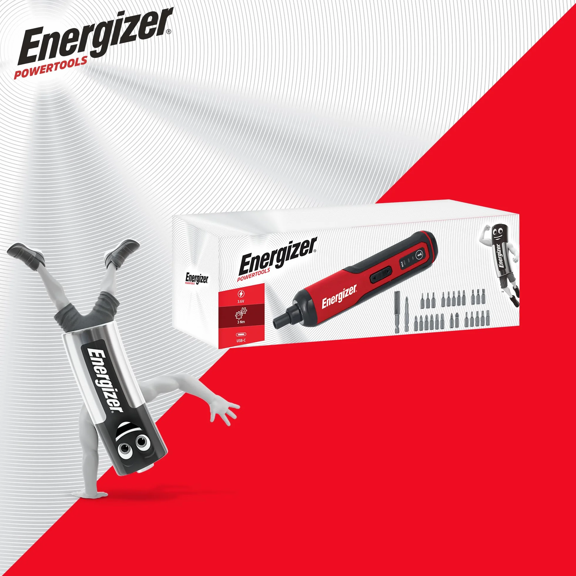 Energizer - Cacciavite elettrico da 3,6 V – Batteria ricaricabile da 1500 mAh cavo USB-C (Incluso)- 26 punte di avvitamento incluse - 3 NM - Ideale per montaggio, smontaggio e piccoli lavori