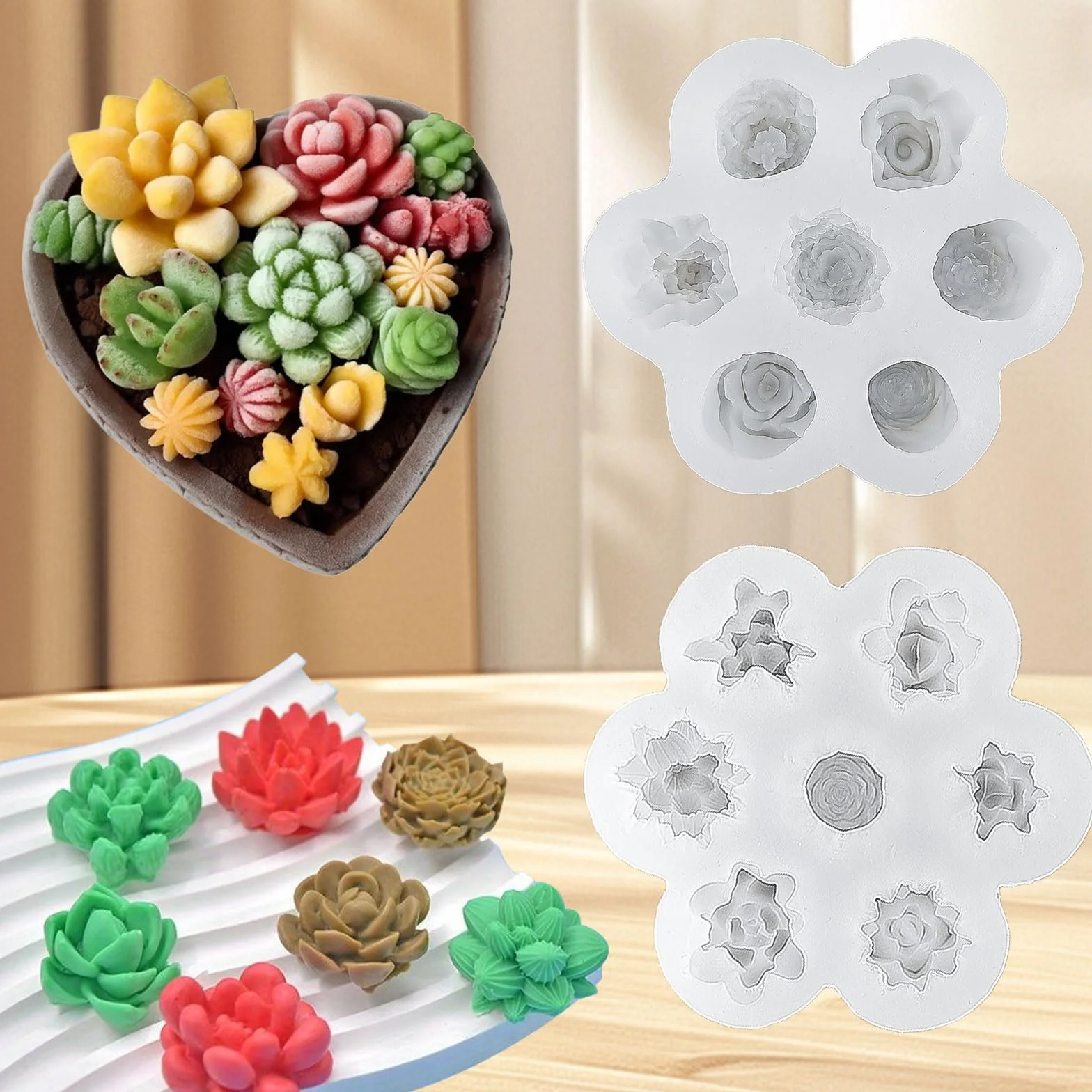 2 Pezzi Stampi per Candele Fiori, Succulenta + Rosa, Stampo in Silicone 3D per Candele, per Torte, Cioccolato, Fondente, Aromaterapia e Creazione di Candele