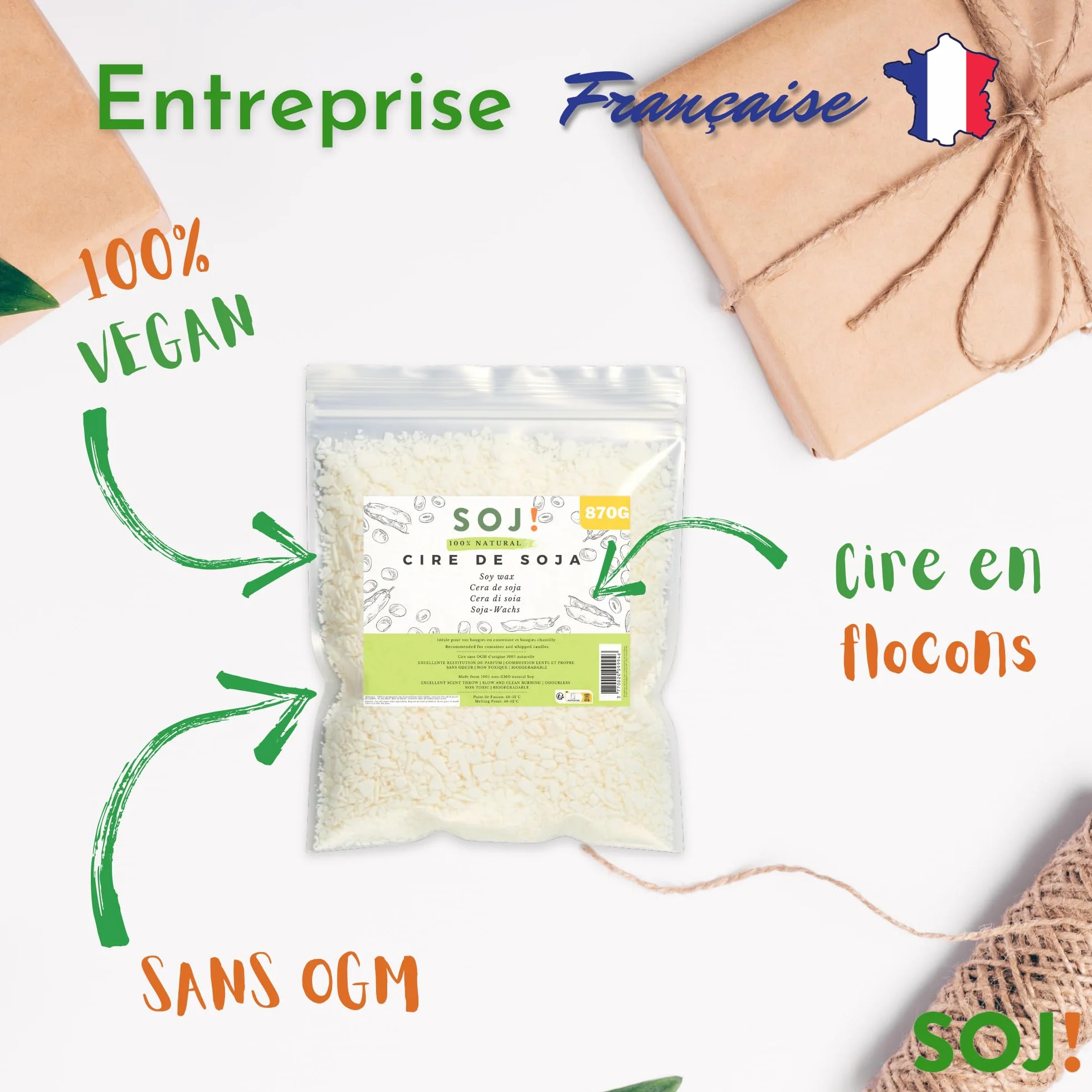Soj! - Cera per candele - Cera di soia vegetale per la creazione/DIY di candele, riempimento candele | Qualità superiore | 1KG (870G - Fiocchi)