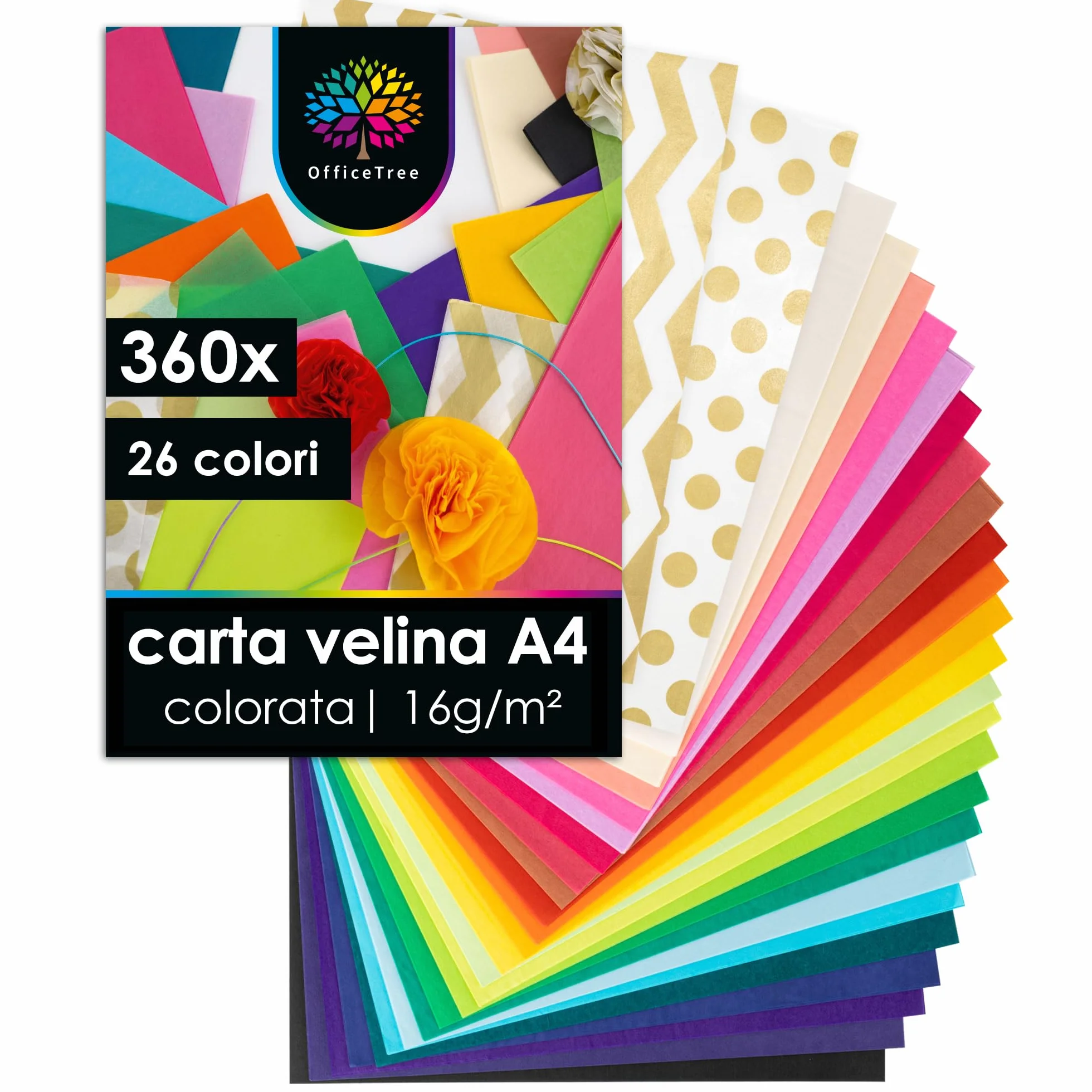 OfficeTree 360 Fogli di Carta velina Colorata A4 – 26 Colori, 16 g/m², 20,3 x 27,9 cm, Carta velina Colorata per Fai da Te, Decorazioni e Confezioni Regalo