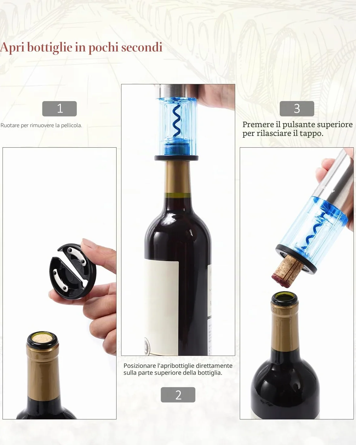 Cavatappi Elettrico Ricaricabile in Acciaio INOX, Apribottiglie Elettrico Professionale con Dispositivo di Rimozione Della Iamina e Cavo di Ricarica Micro USB