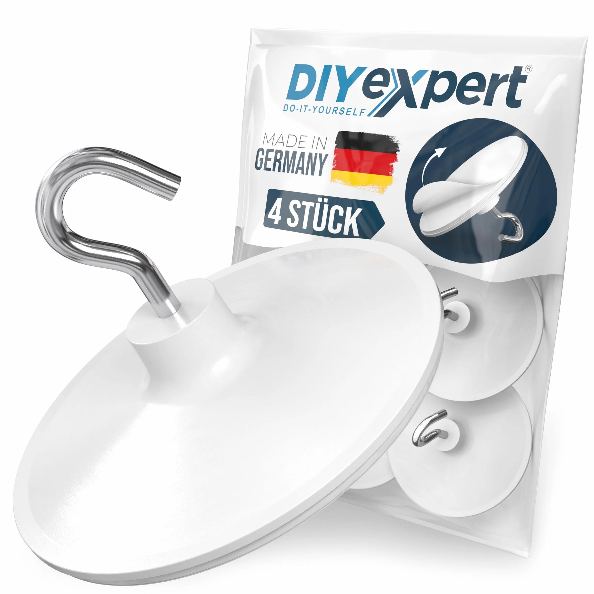 DIYexpert Gancio da soffitto autoadesivo | Made in Germany | [con gancio] [4 pezzi] | Gancio adesivo per soffitto extra forte | Gancio da parete senza fori