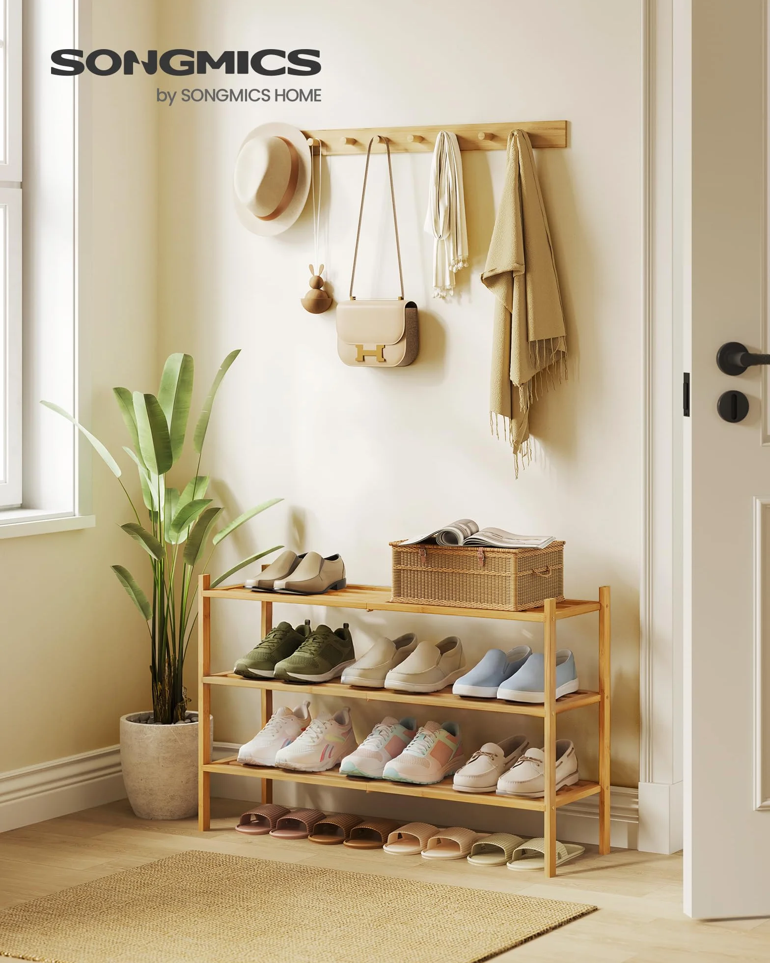 SONGMICS Scarpiera in Bambù, 3 Ripiani, Impilabile, Slim, Scaffale per Ingresso Soggiorno Camera da Letto Garage, per 12-16 Paia di Scarpe, 25 x 70 x 51,5 cm, Colore Naturale LBS053YL01