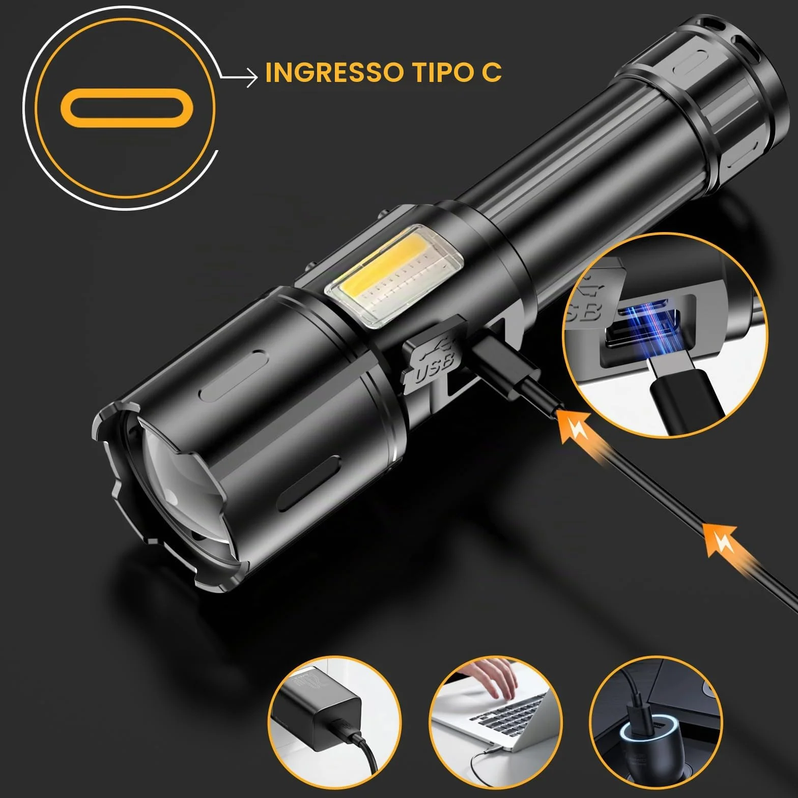 Torcia LED Potente Professionale 1000000 Lumens, Torcia LED Ricaricabile USB C, Torce LED Alta Potenza Ricaricabili, 9 Modalità, Con Luce Laterale COB, Per Campeggio Trekking Emergenza