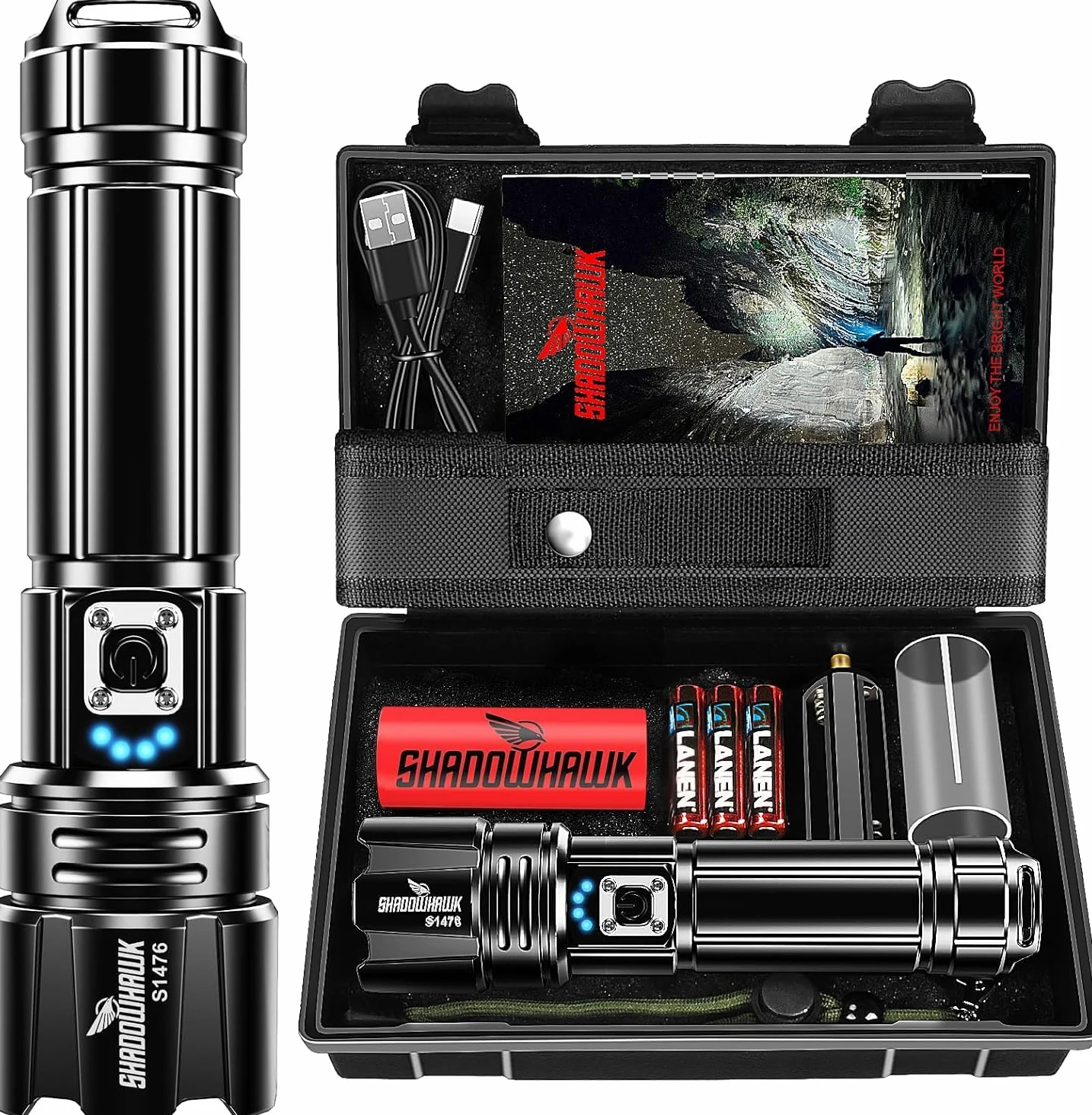 Shadowhawk Torcia LED 20000 Lumen, estremamente luminosa, USB, ricaricabile, con fondina XHP70.2, impermeabile IP67, 5 modalità di illuminazione per campeggio, escursioni
